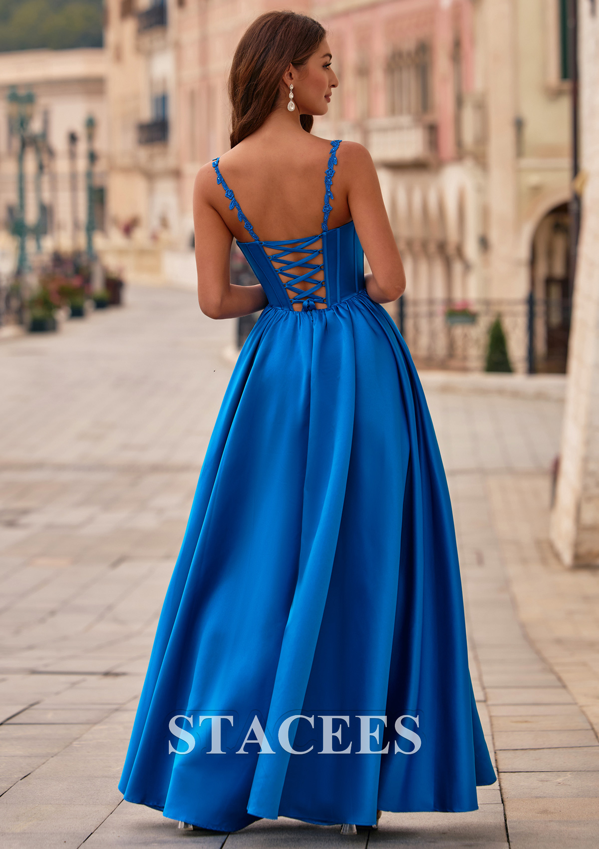 Ocean Blue Lace Spaghetti Straps Corset A-Line Satin Ball Gown Prom Dress with Pockets - STACEES
