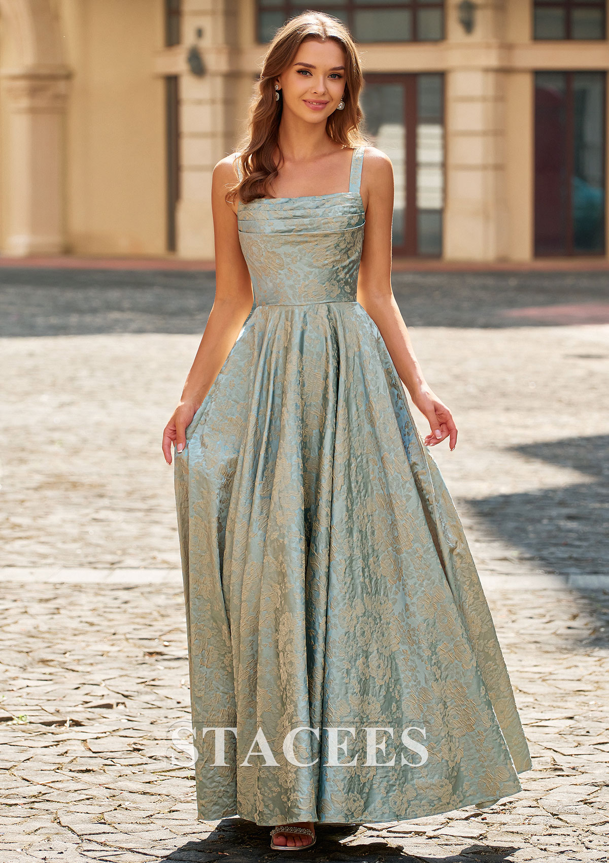 a line jacquard dress Vintage Ruched Floral A-Line Prom with Wide Straps S9110P - Prom Dresses Can I wear ankle soi:built_in_bra Color:Serene Textured Floral Jacquard