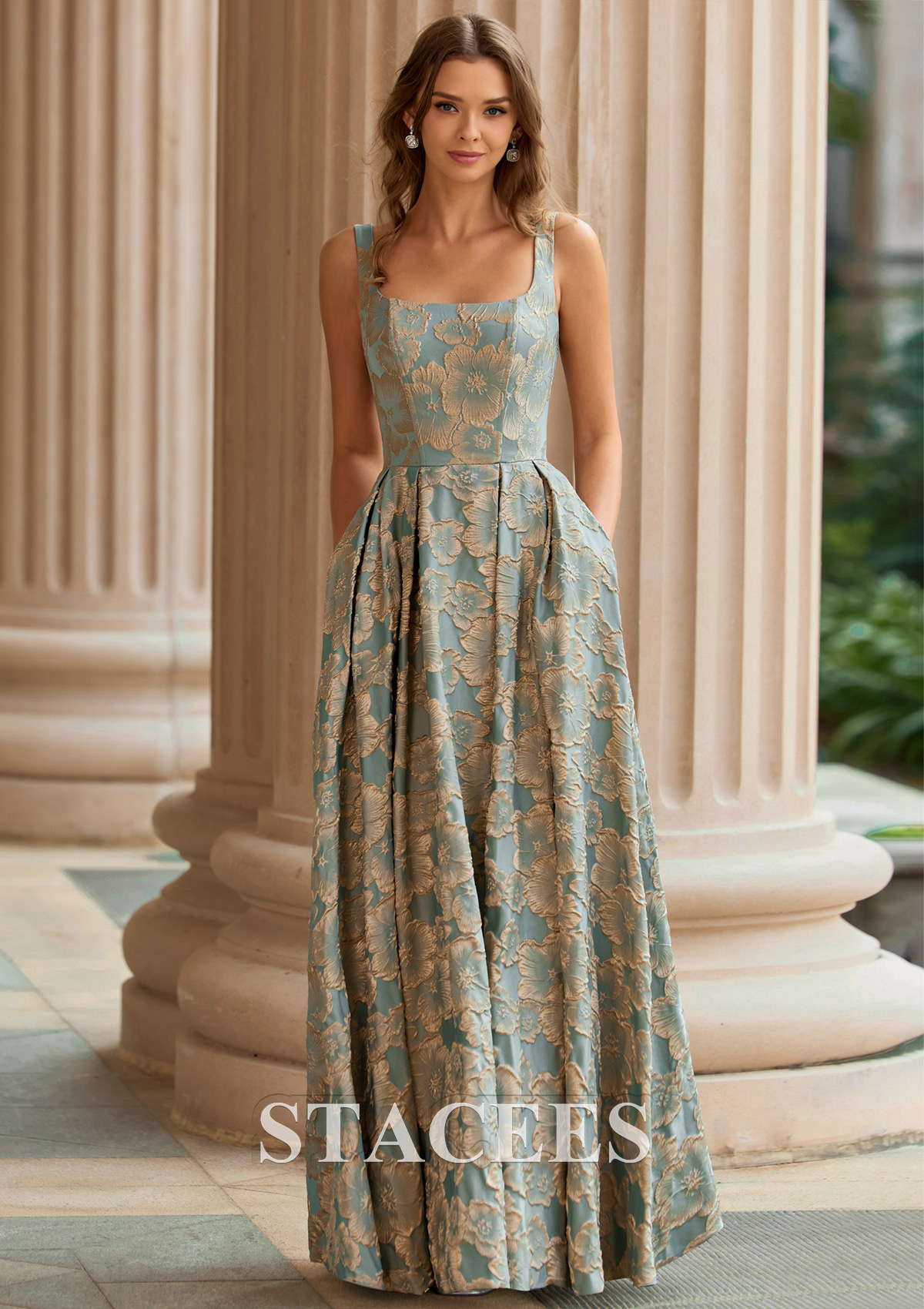 Bleu Clair Trapèze carrée jacquard longueur ras du sol robe de bal avec poches imprimé floral - STACEES