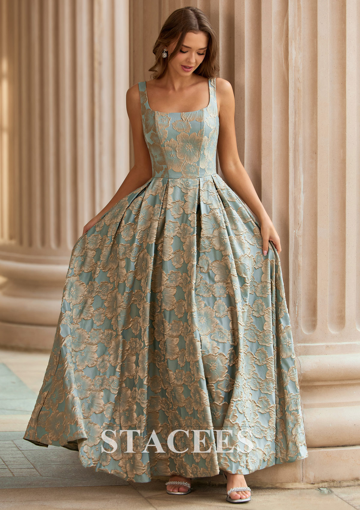 Bleu Clair Trapèze carrée jacquard longueur ras du sol robe de bal avec poches imprimé floral - STACEES