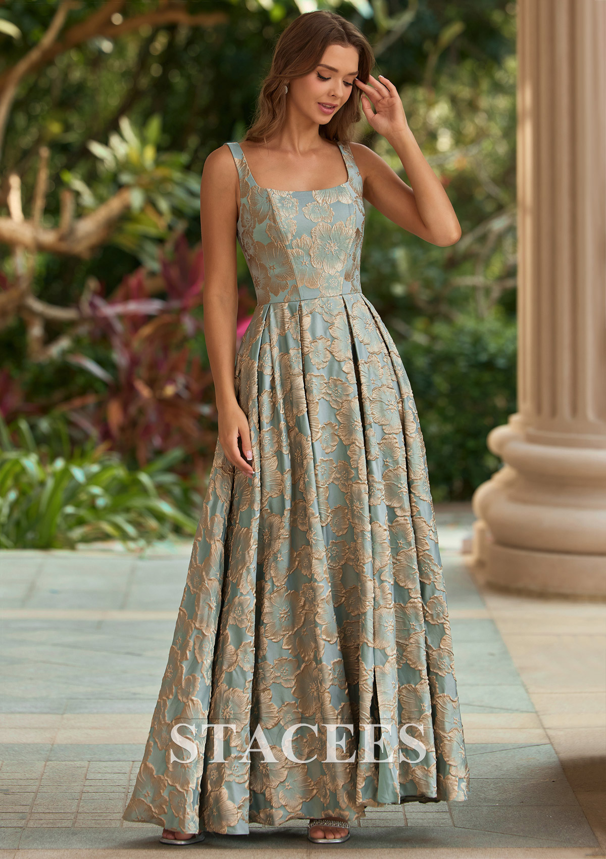 Bleu Clair Trapèze carrée jacquard longueur ras du sol robe de bal avec poches imprimé floral - STACEES