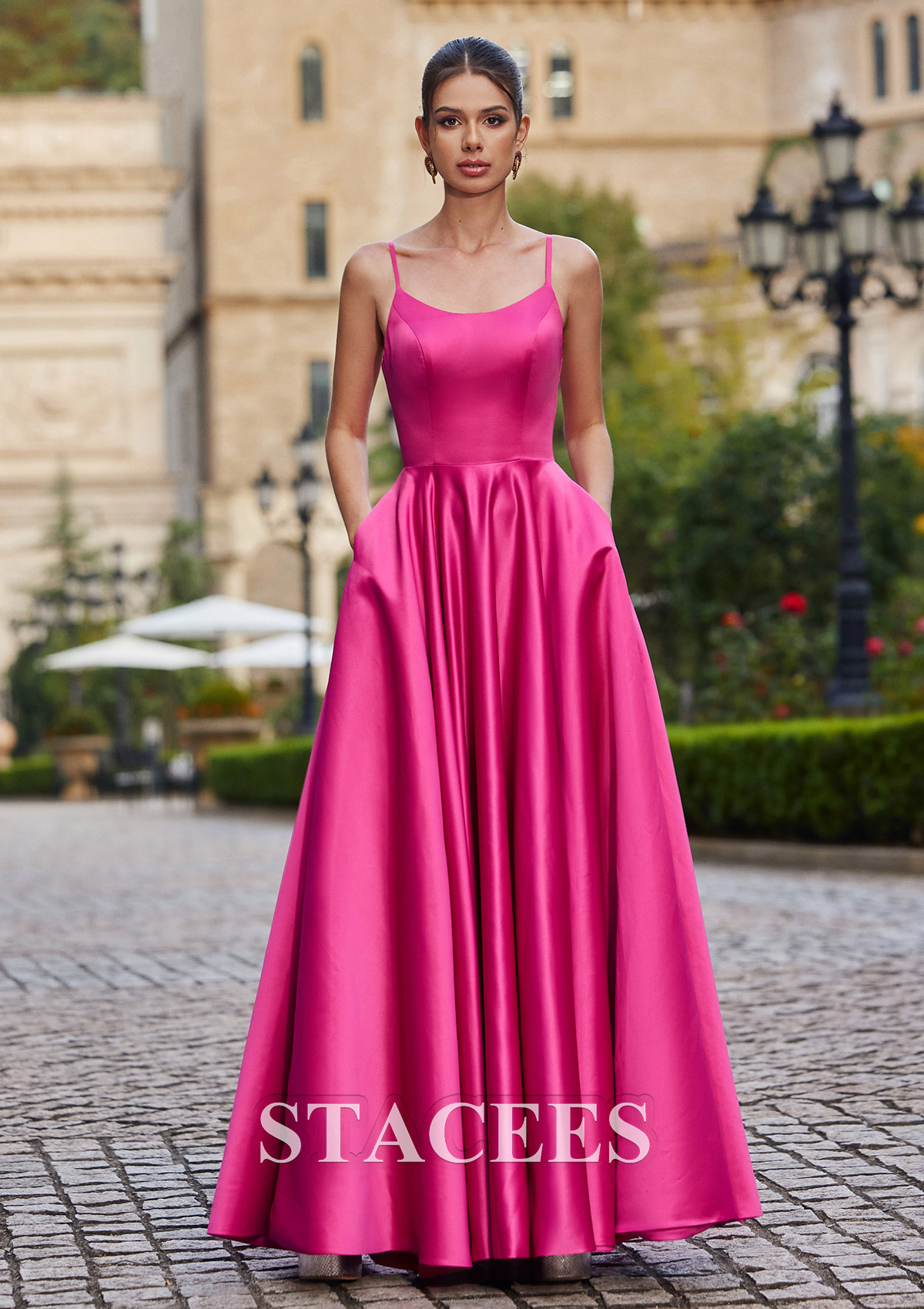 Fuchsia A-line Square Neckline Sleeveless Floor-Length Satin Prom Dress with Pockets Split - STACEES