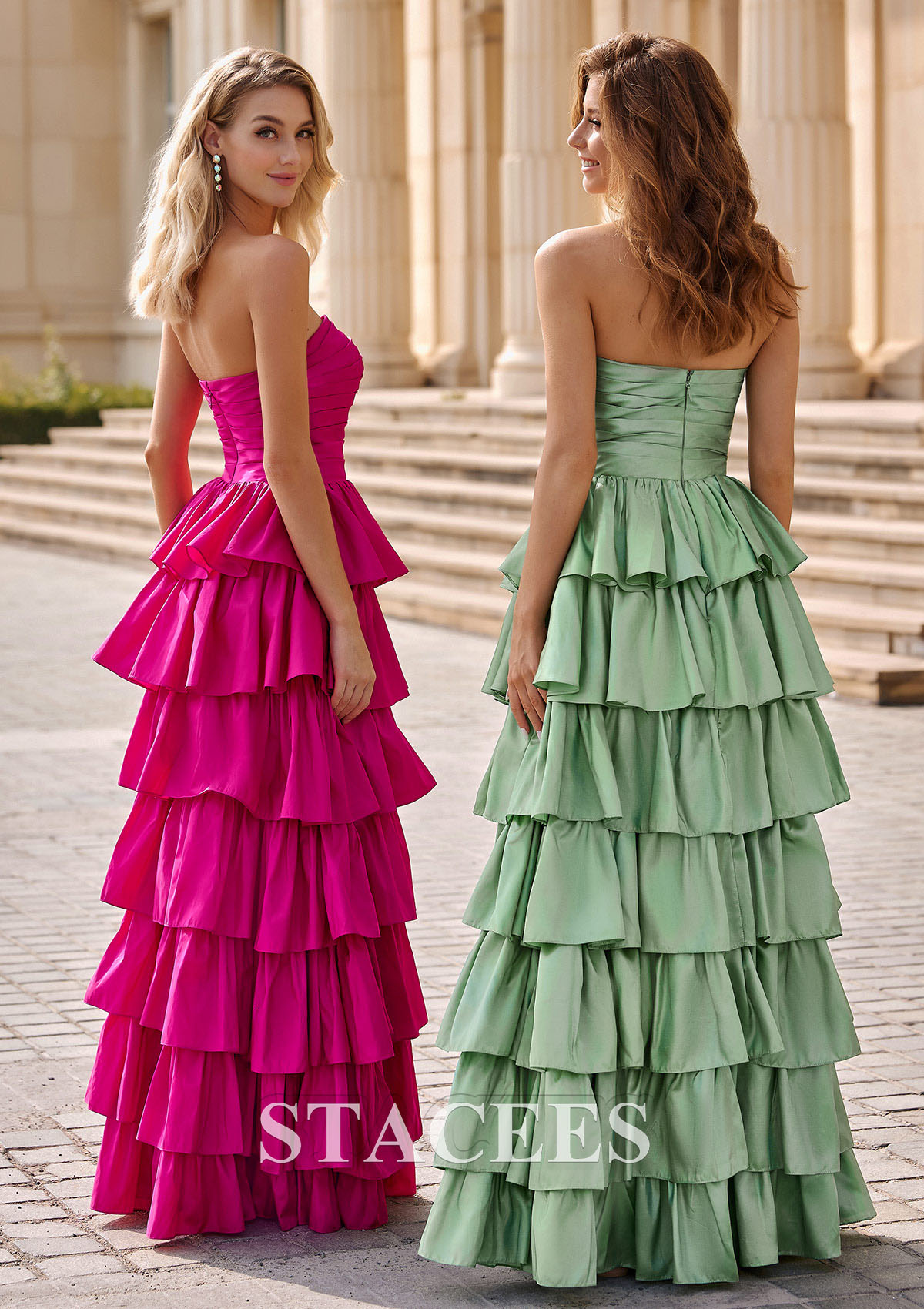 Sage A-line Pleated Strapless Ruffled Floor-Length Taffeta Prom Dress - STACEES