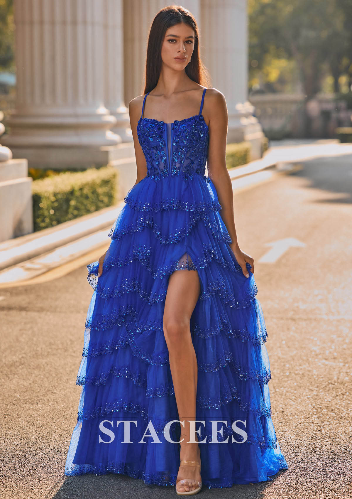 Bleu Océan Trapèze carrée tulle traîne balayage robe de bal - STACEES
