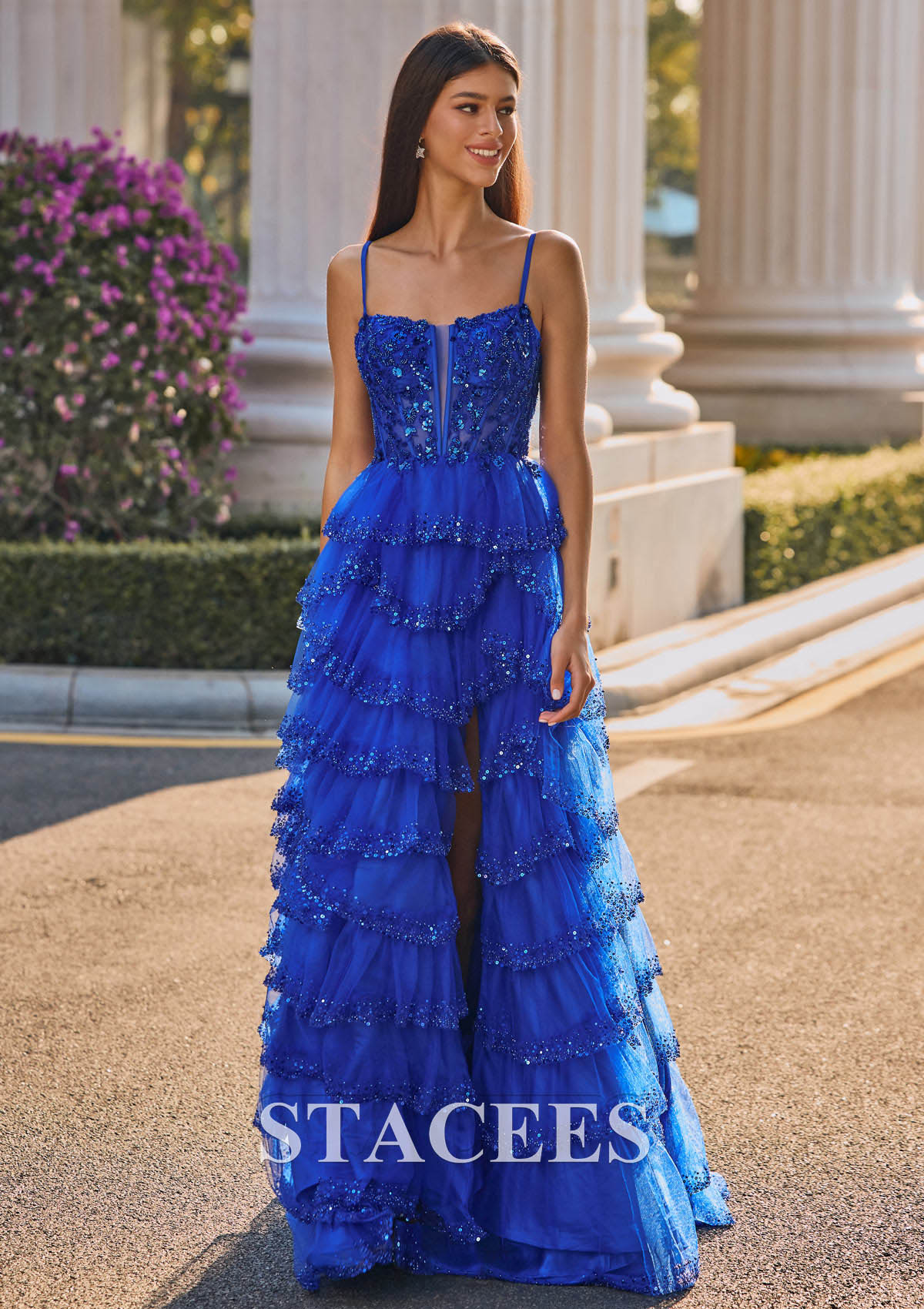 Bleu Océan Trapèze carrée tulle traîne balayage robe de bal - STACEES