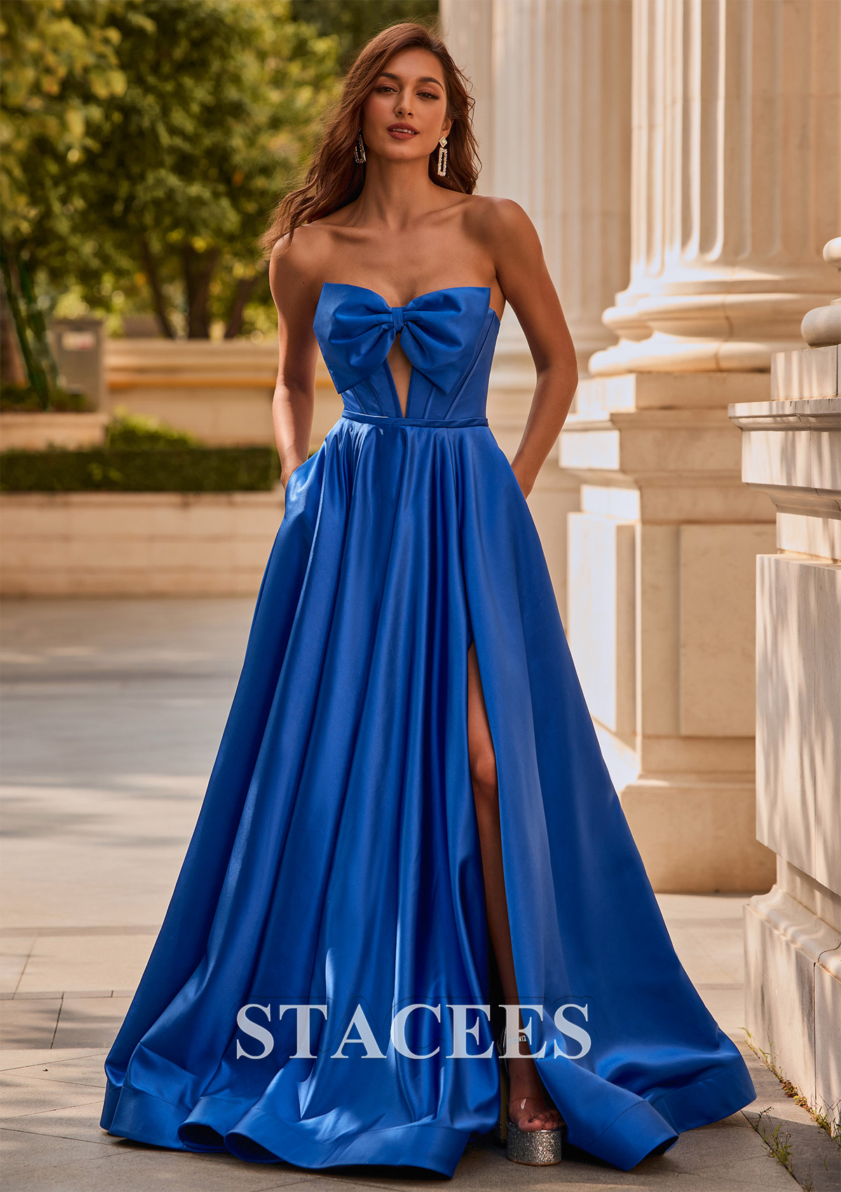 Ocean Blue A-line Strapless Bow Corset Satin Sweep Train Slit Prom Dress - STACEES