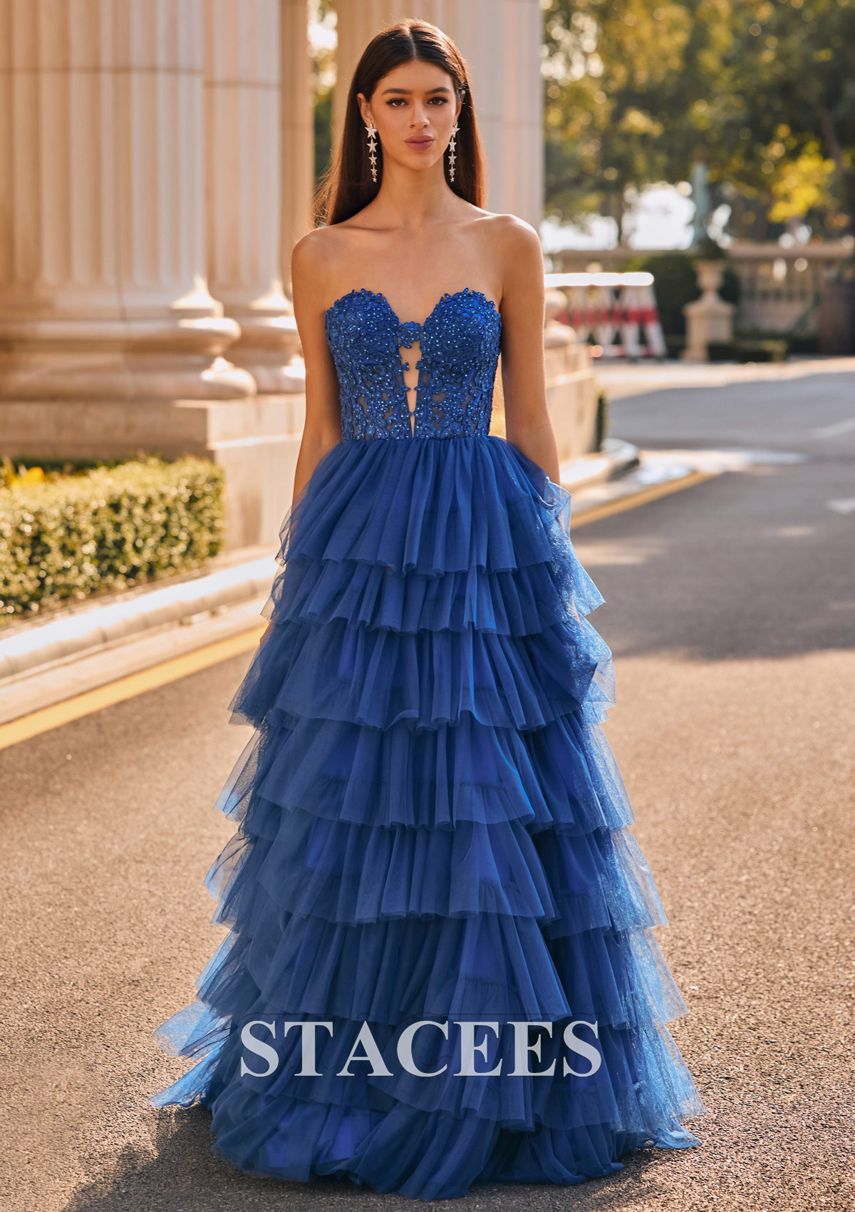 As Picture A-line Sweetheart Tulle Sweep Train Prom Dress with Appliqued Beading Ruffles - STACEES