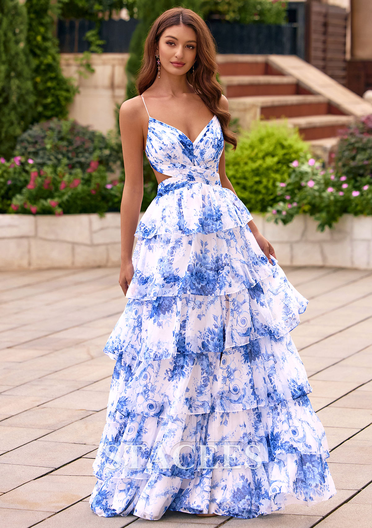 Floral bleu océan Trapèze col en v mousseline longueur ras du sol robe de bal avec fendue imprimé floral - STACEES