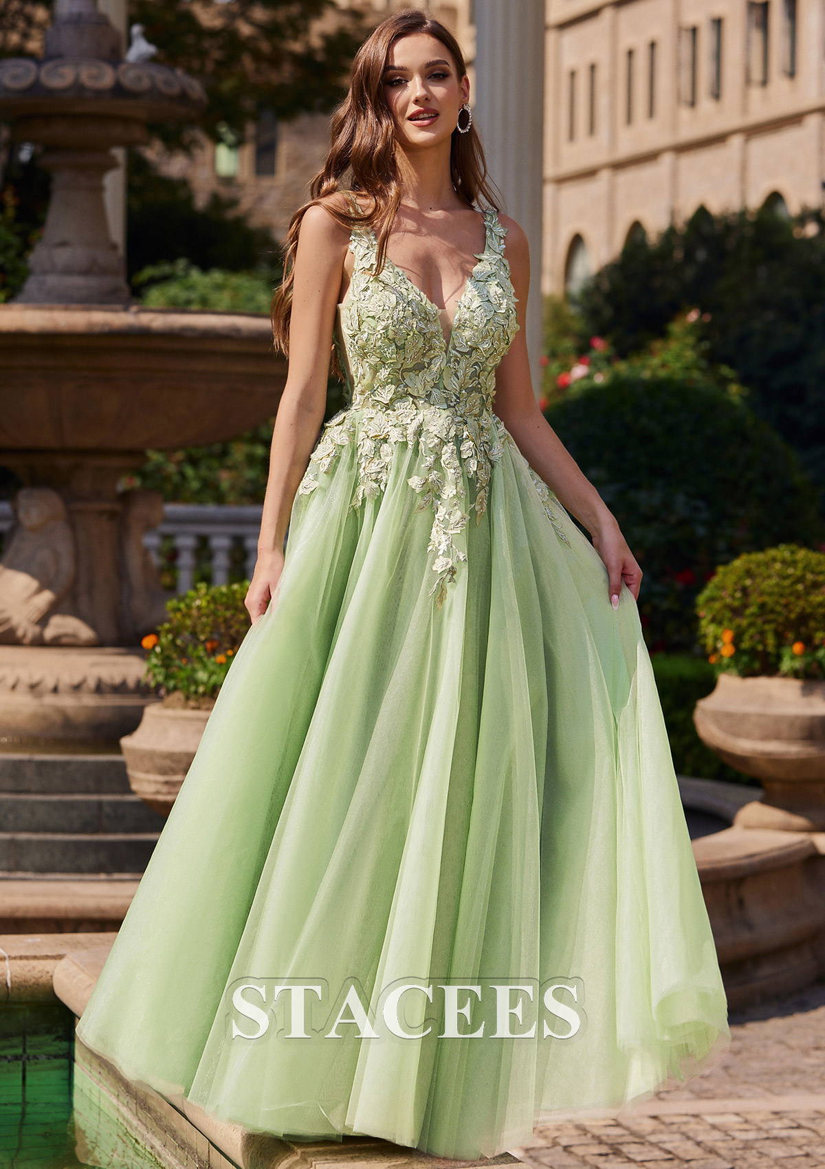 Sage A-line V Neck Sleeveless Floor-Length Tulle Prom Dress with Appliqued Beading - STACEES