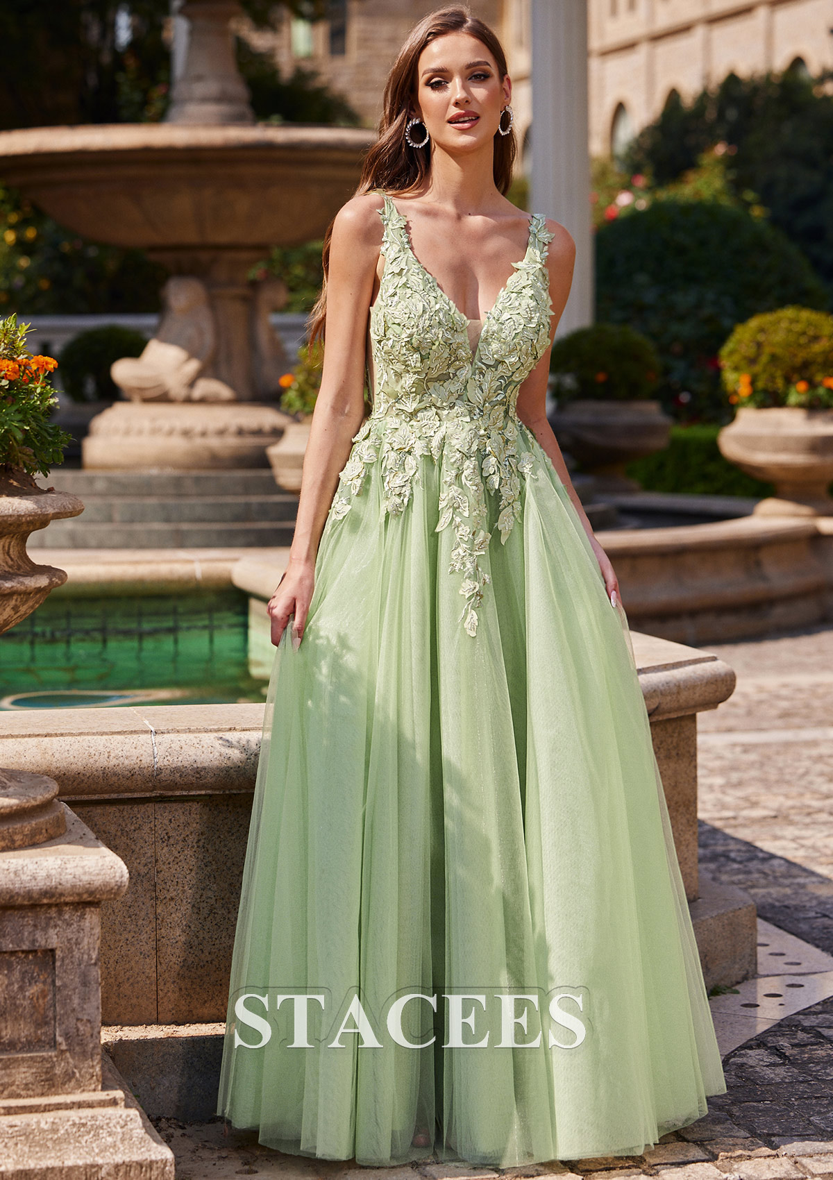 Sage A-line V Neck Sleeveless Floor-Length Tulle Prom Dress with Appliqued Beading - STACEES