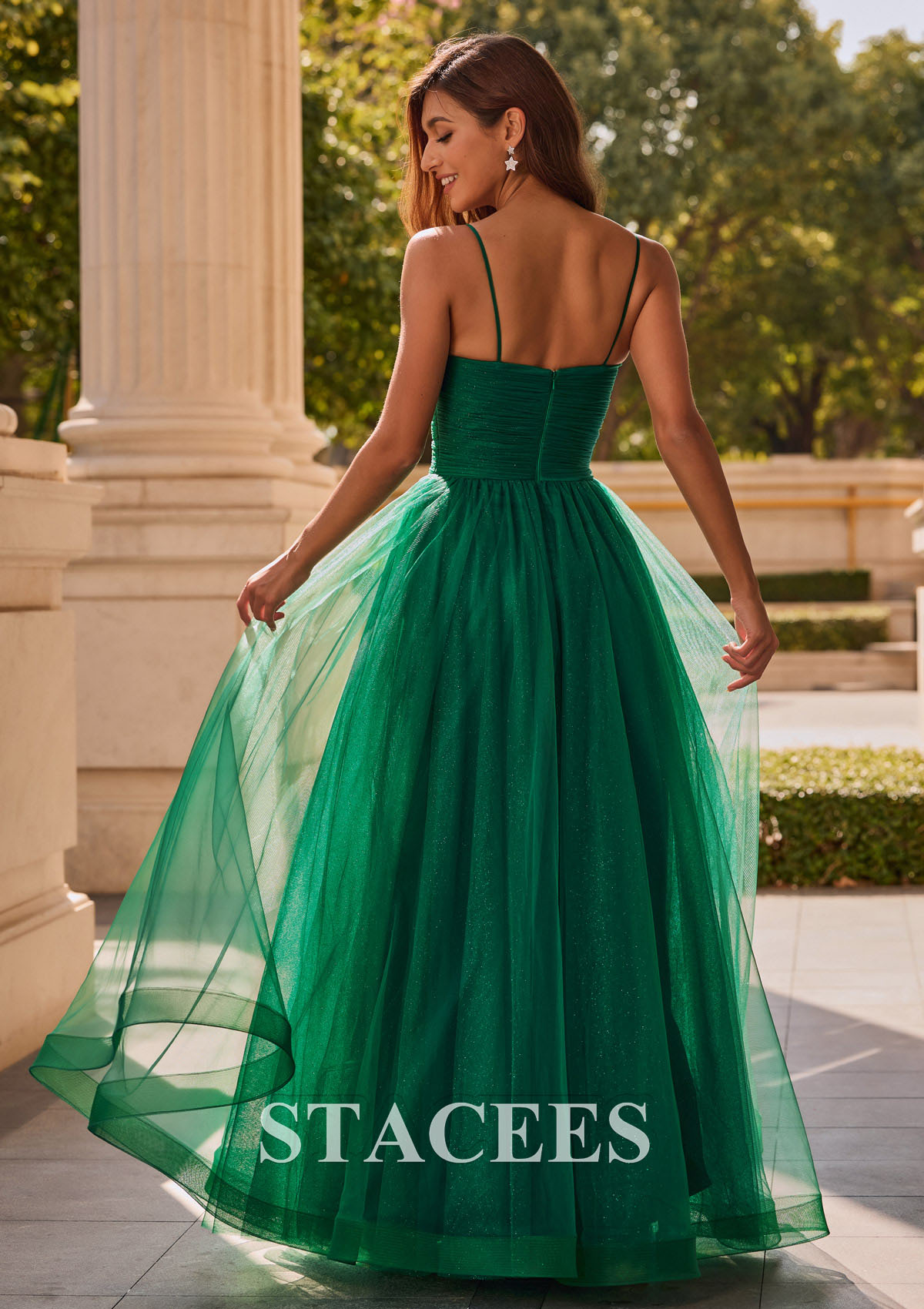 Dark Green A-line Cut Out V Neck Glitter Tulle Floor-Length Pleated Prom Dress - STACEES
