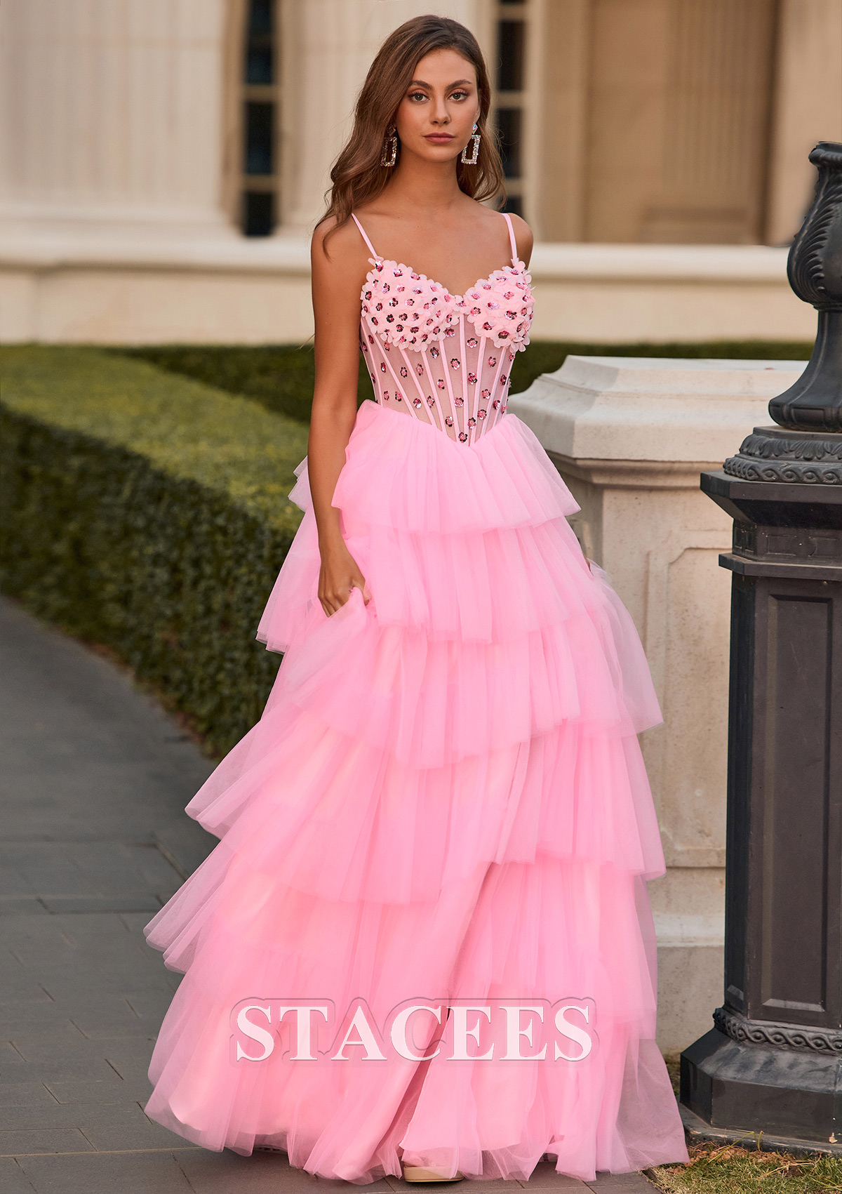 Candy Pink Vestido línea a escote en v tul cola de barrido vestido de graduación - STACEES