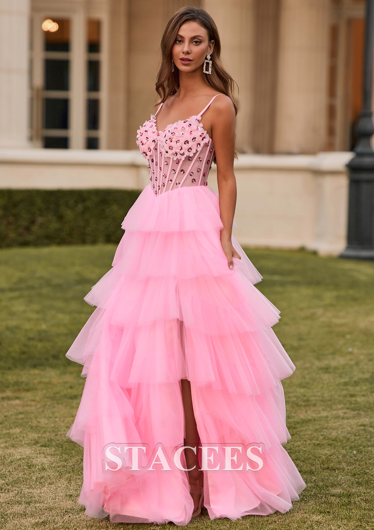 Candy Pink Vestido línea a escote en v tul cola de barrido vestido de graduación - STACEES