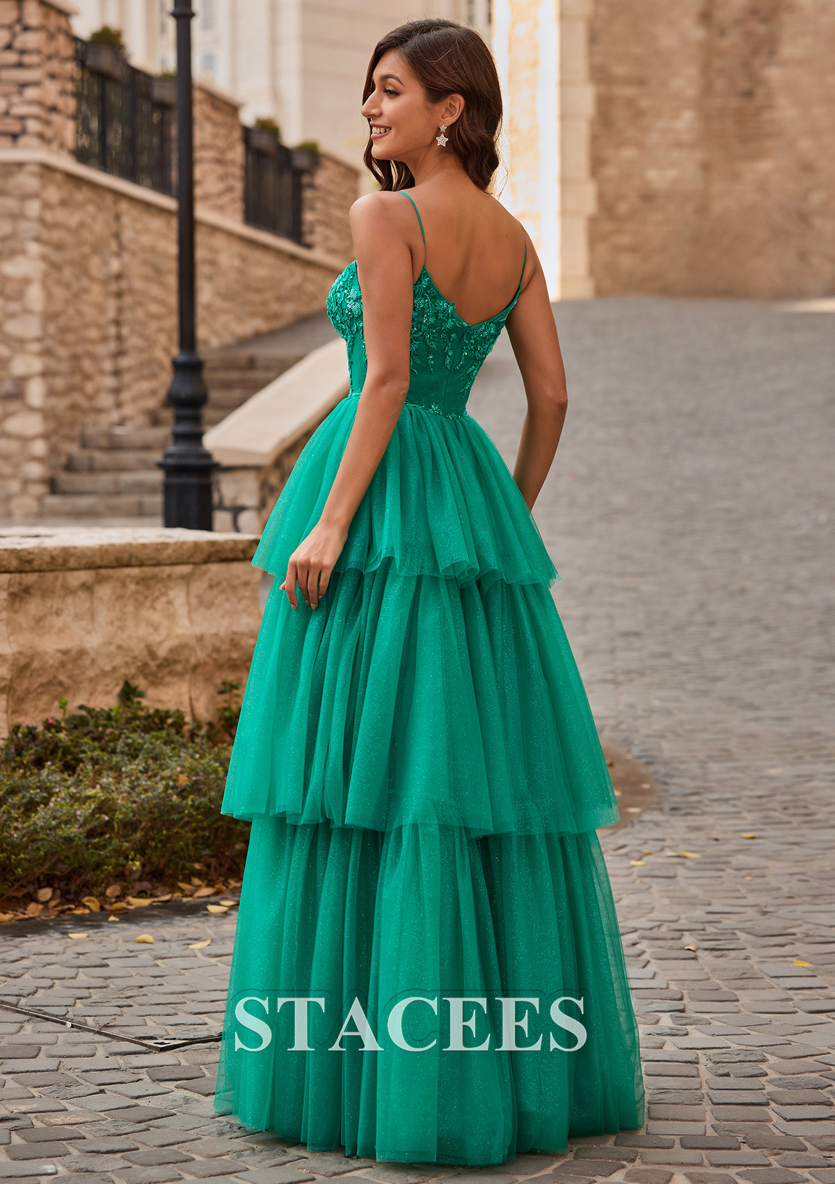 Hunter Green A-line Tiered Ruffle Sequin-Embroidery Corset Glitter Prom Dress - STACEES