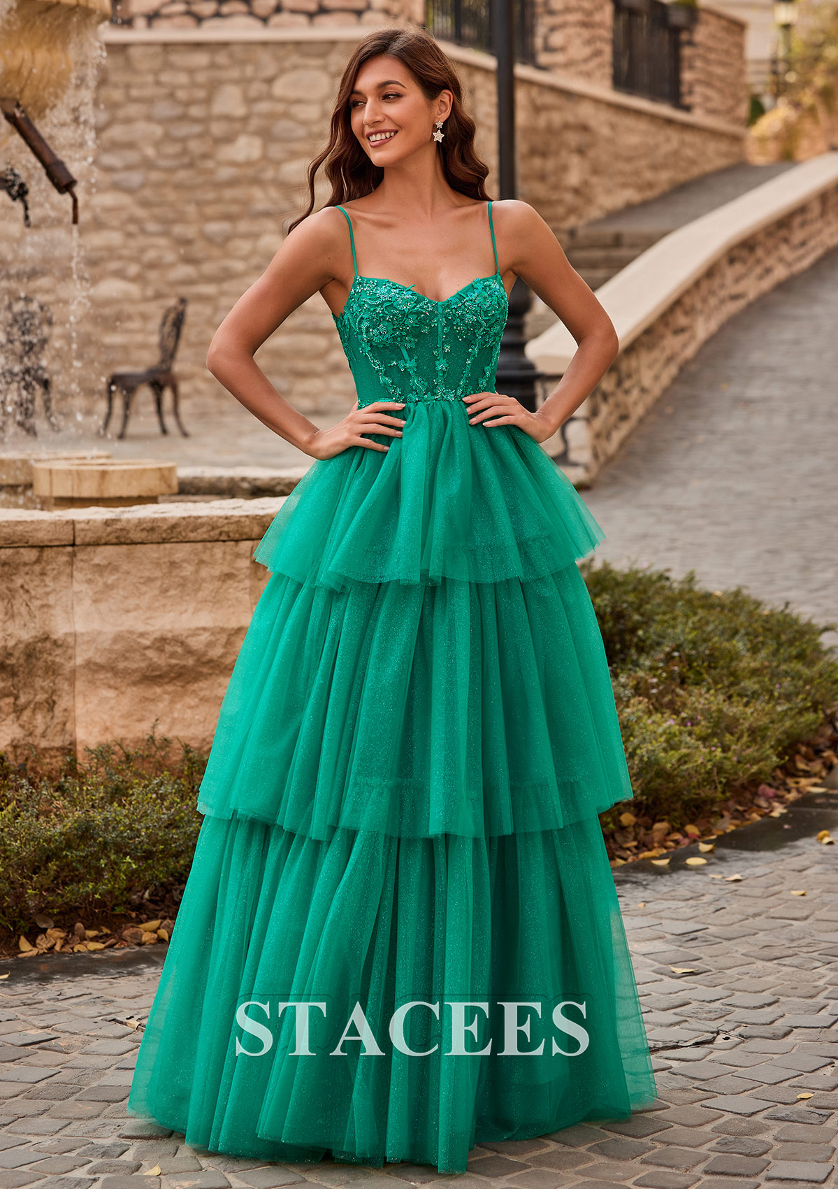 Hunter Green A-line Tiered Ruffle Sequin-Embroidery Corset Glitter Prom Dress - STACEES