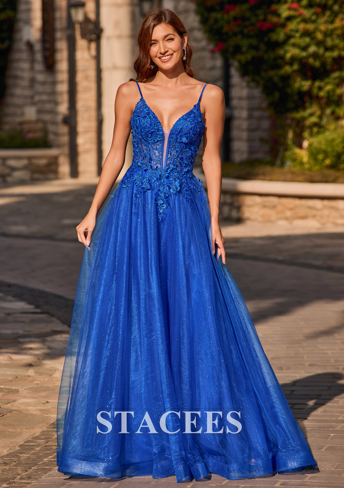 Ocean Blue A-line V Neck Glitter Tulle Prom Dress with Butterfly Applique - STACEES