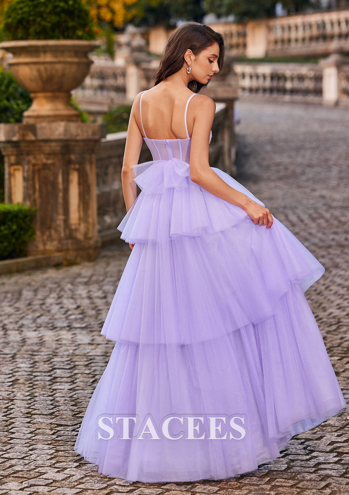 Lilac A-line Princess Sweetheart Floor-Length Tulle Prom Dress with Ruffles Bowknot - STACEES