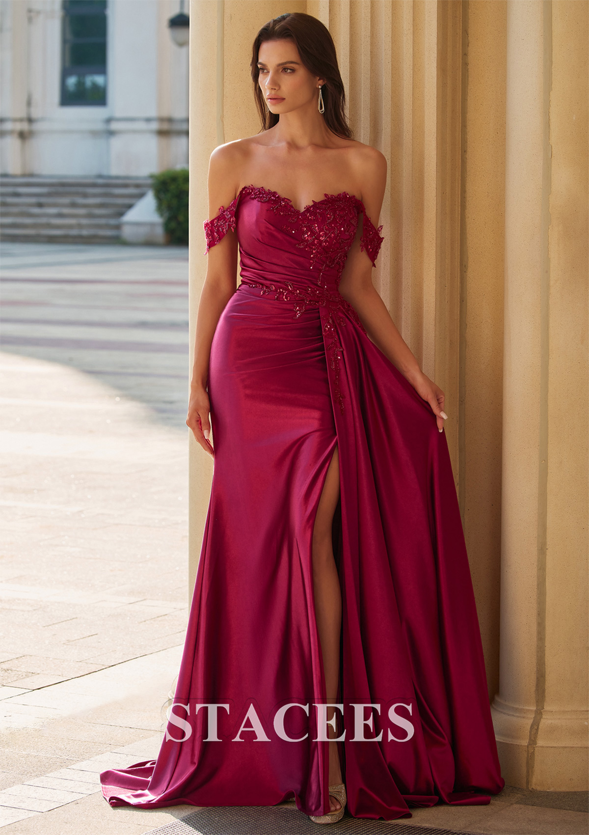 Burgundy Fitted Embroidery Off-the-Shoulder Corset Slit Prom Dress with Side Draping - STACEES