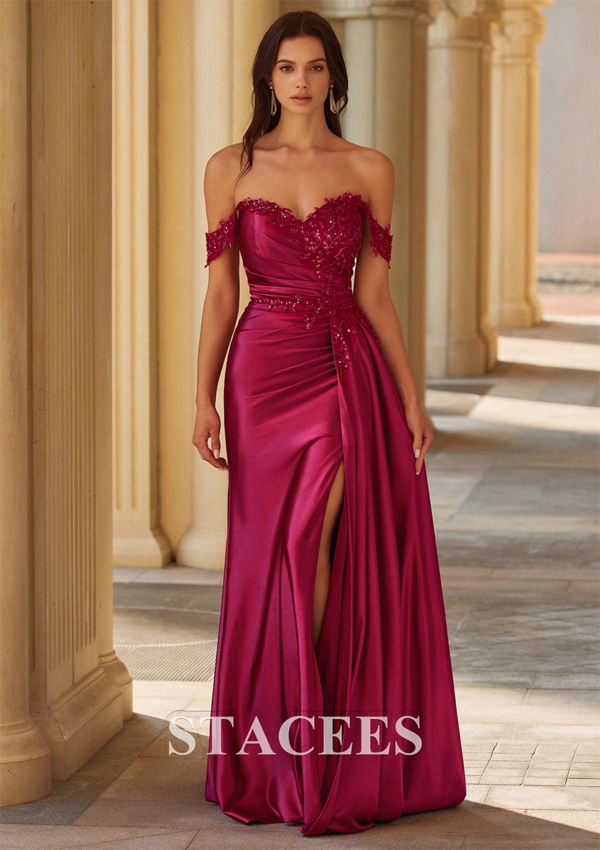 Burgundy Fitted Embroidery Off-the-Shoulder Corset Slit Prom Dress with Side Draping - STACEES