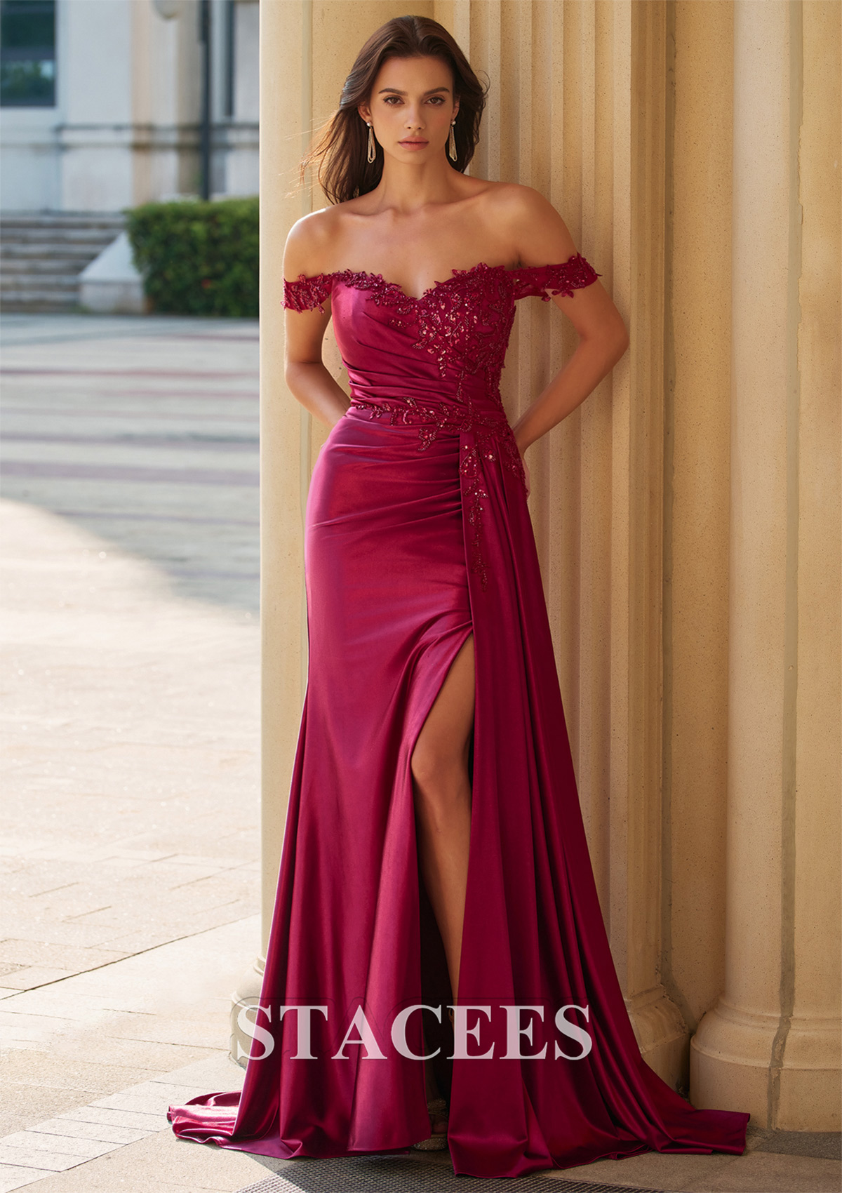 Burgundy Fitted Embroidery Off-the-Shoulder Corset Slit Prom Dress with Side Draping - STACEES