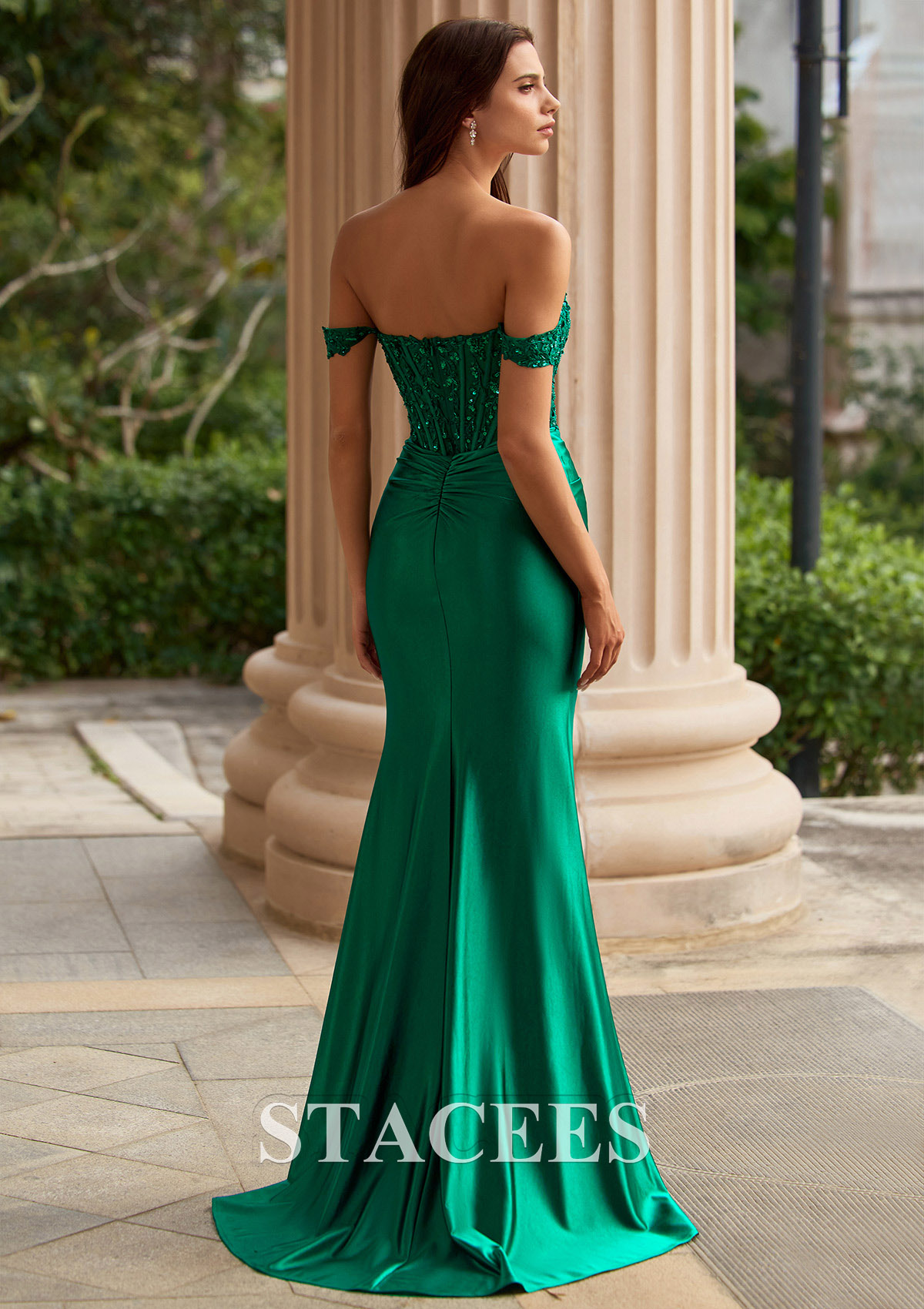 Dark Green Fitted Off-the-Shoulder Beaded Corset Ruched Prom Dress with High Slit - STACEES