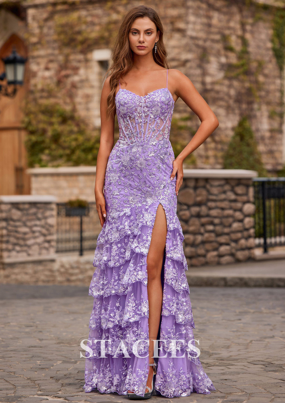 Lilas Fourreau col en v paillettes traîne balayage robe de bal - STACEES