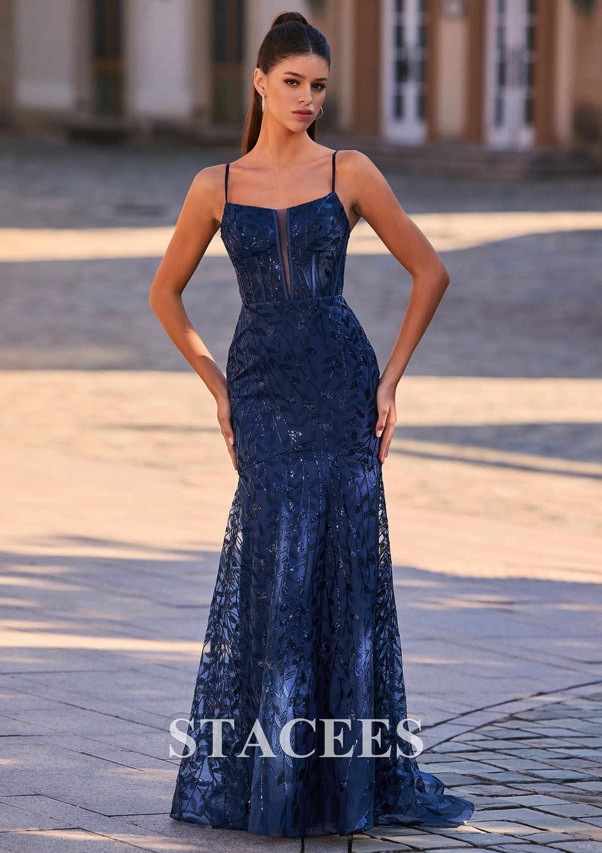 Dark Navy Classic Mermaid Spaghetti Straps Allover Sequins Corset Prom Dress - STACEES