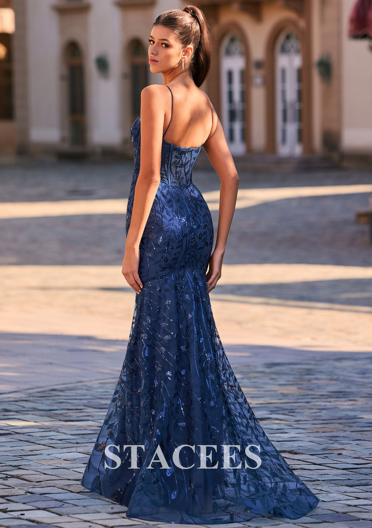 Dark Navy Classic Mermaid Spaghetti Straps Allover Sequins Corset Prom Dress - STACEES