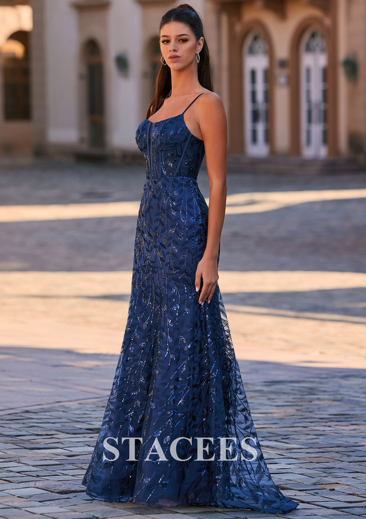 Dark Navy Classic Mermaid Spaghetti Straps Allover Sequins Corset Prom Dress - STACEES