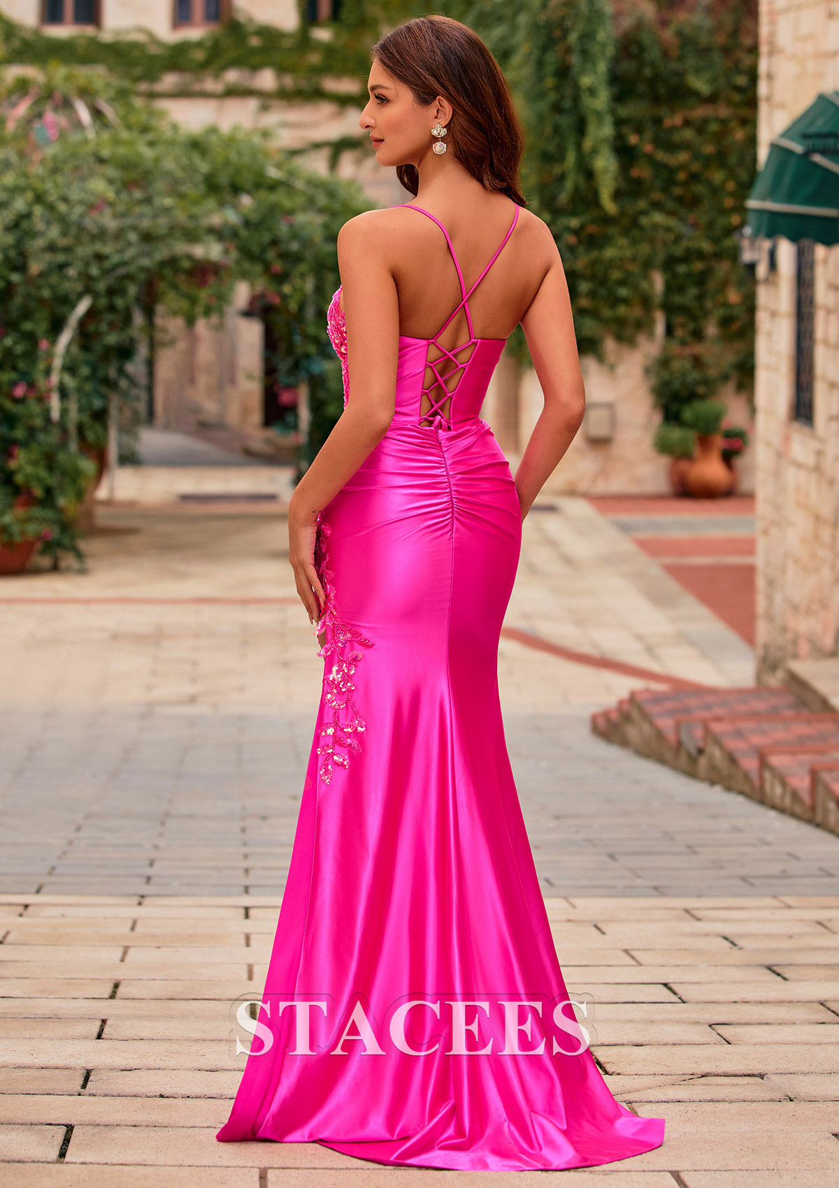 Hot Pink Mermaid V Neck Silk like Satin Slit Prom Dress with Sequined Lace Appliques - STACEES