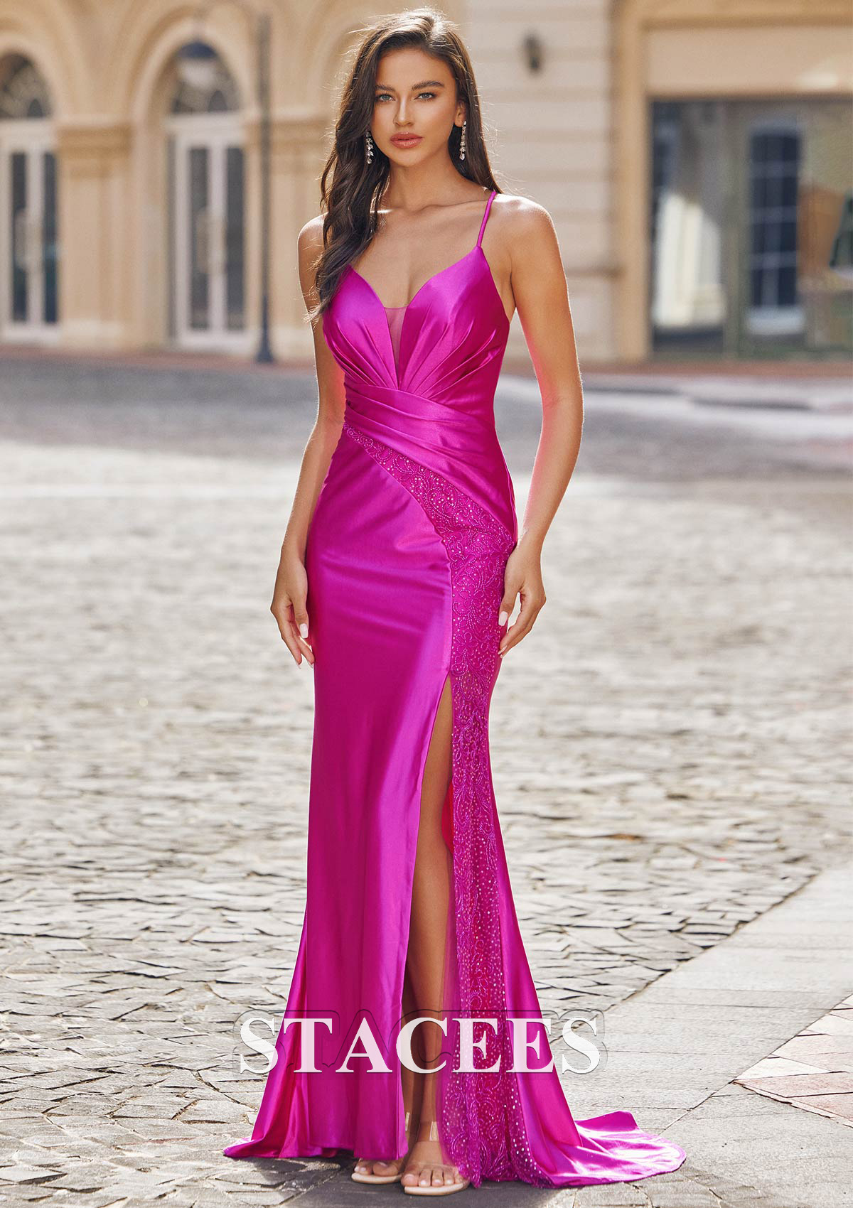 Fuchsia Trumpet/Mermaid V Neck Sleeveless Sweep Train Silk like Satin Prom Dress with Pleated Sequins Split - STACEES