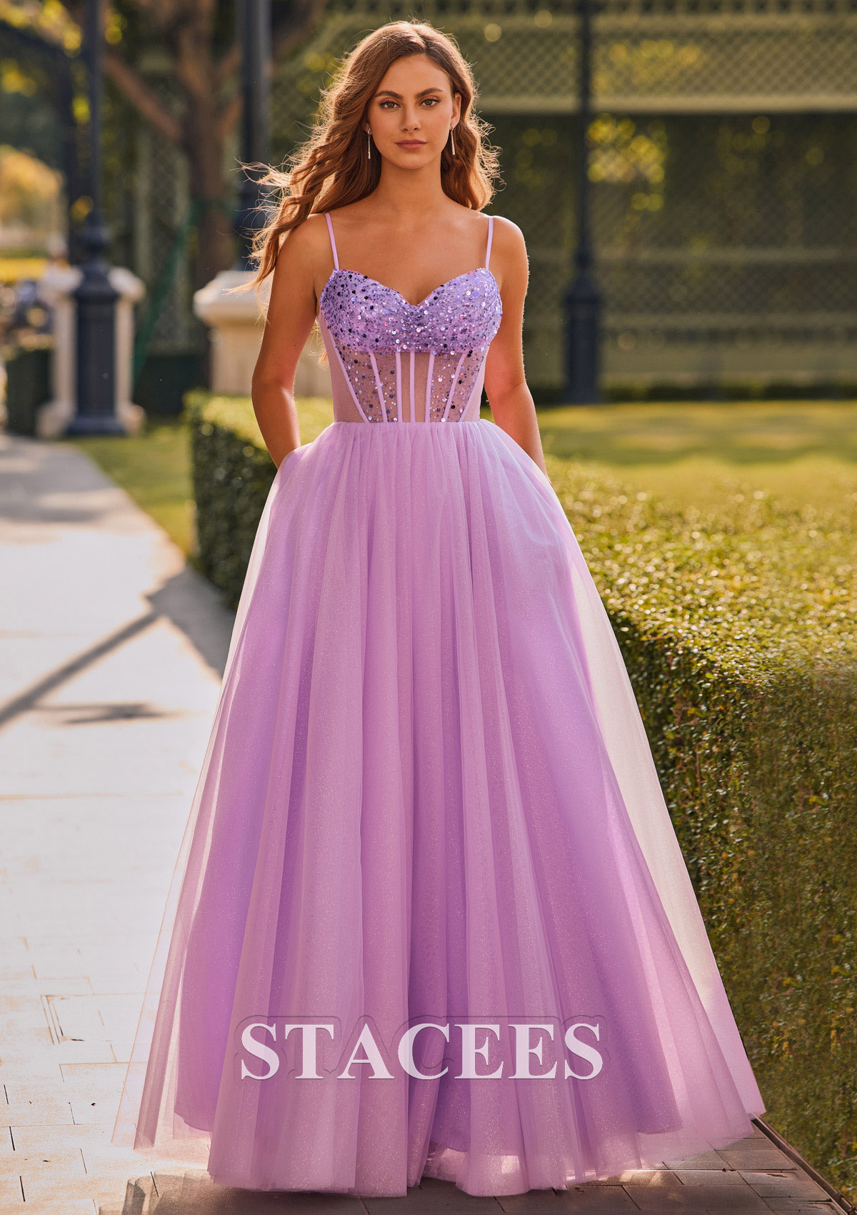 Lilac Vestido línea a escote drapeado tul hasta el suelo vestido de graduación - STACEES