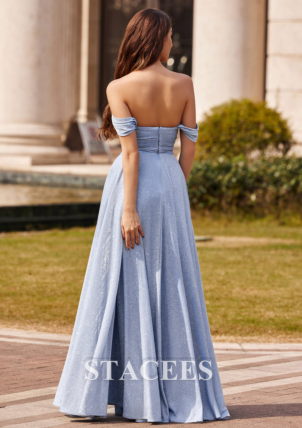 Dusty Blue Vestido línea a hombros descubiertos tejer hasta el suelo vestido de graduación - STACEES