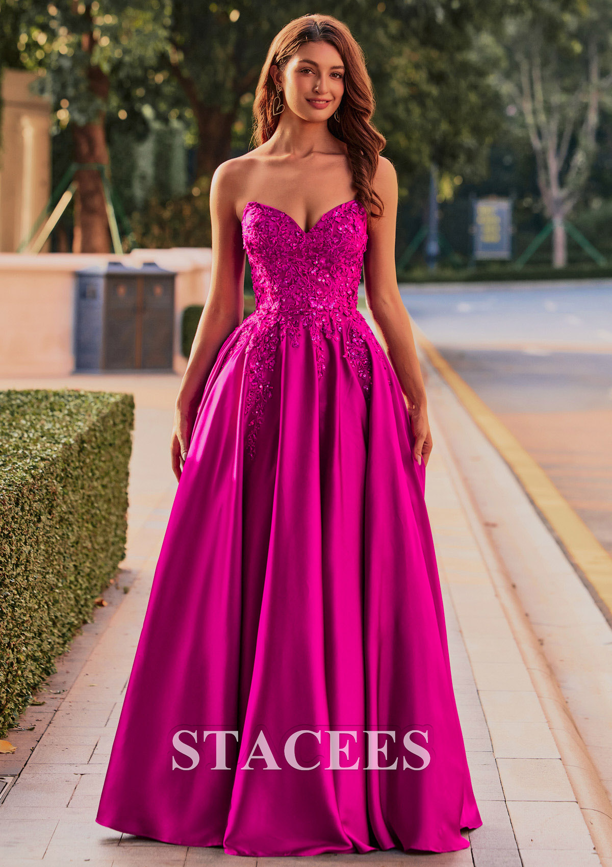 Magenta A-line Off-Shoulder Embroidered Ball Gown Prom Dress with Detachable Straps - STACEES