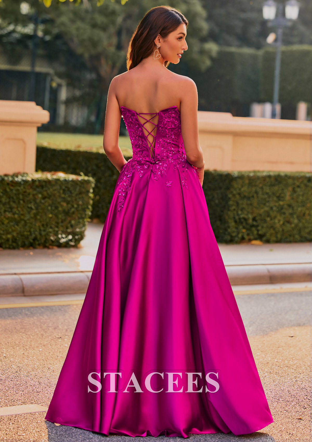 Magenta A-line Off-Shoulder Embroidered Ball Gown Prom Dress with Detachable Straps - STACEES