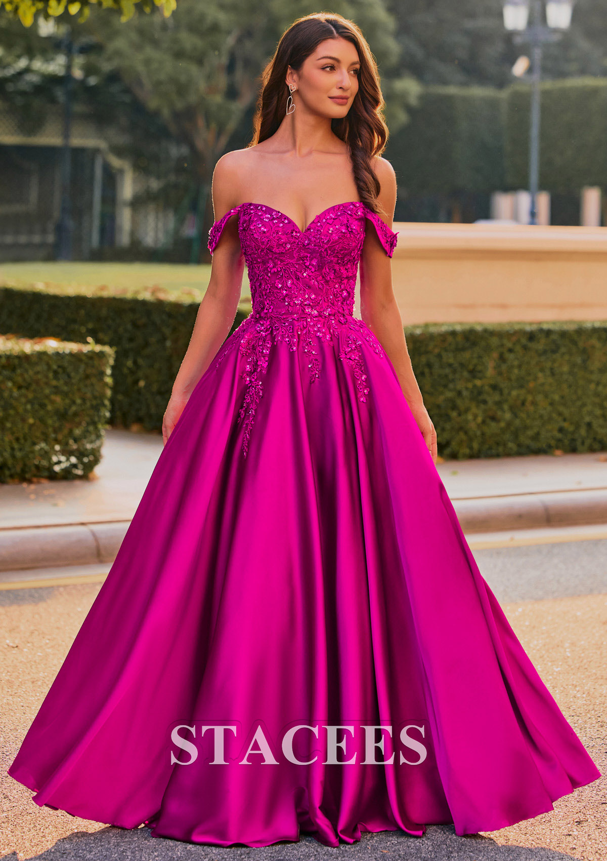 Magenta A-line Off-Shoulder Embroidered Ball Gown Prom Dress with Detachable Straps - STACEES