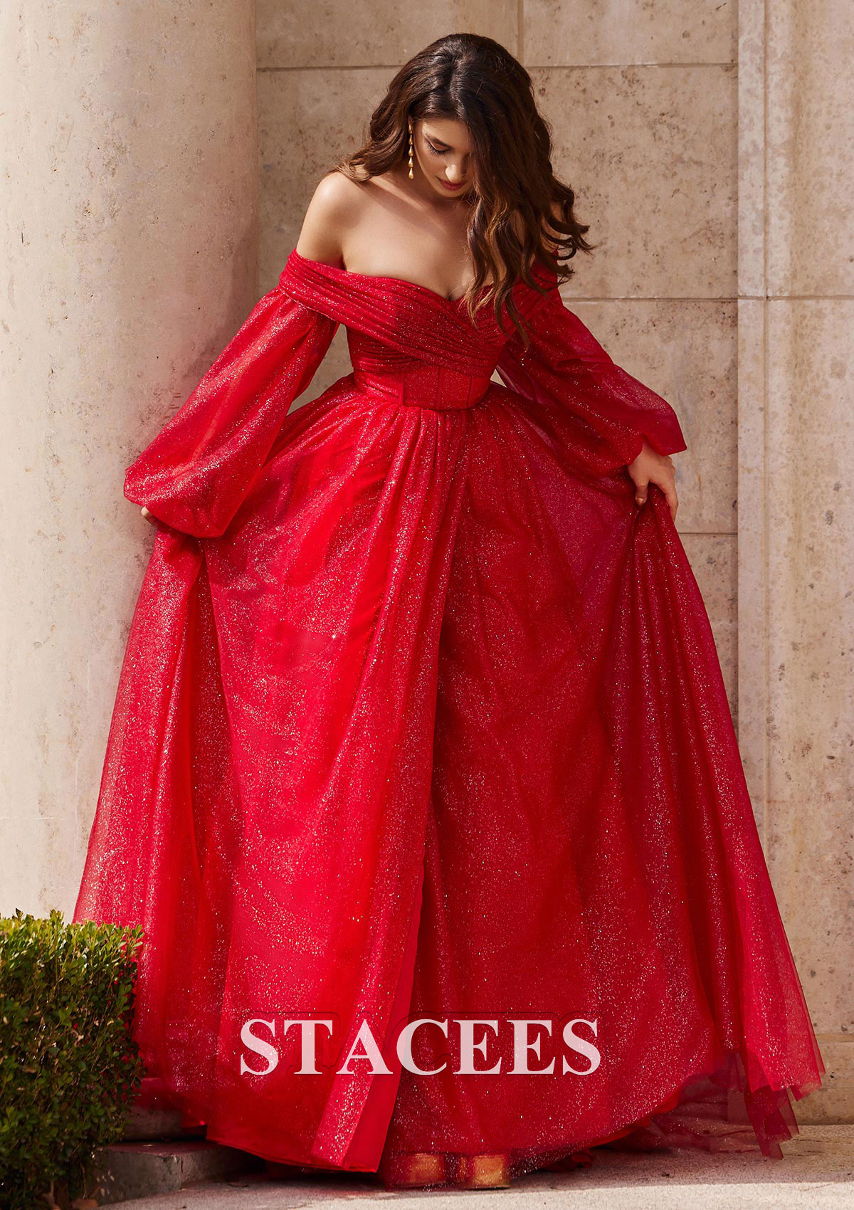 Rouge Robe trapèze princesse épaule dénudée tulle traîne balayage robe de bal - STACEES