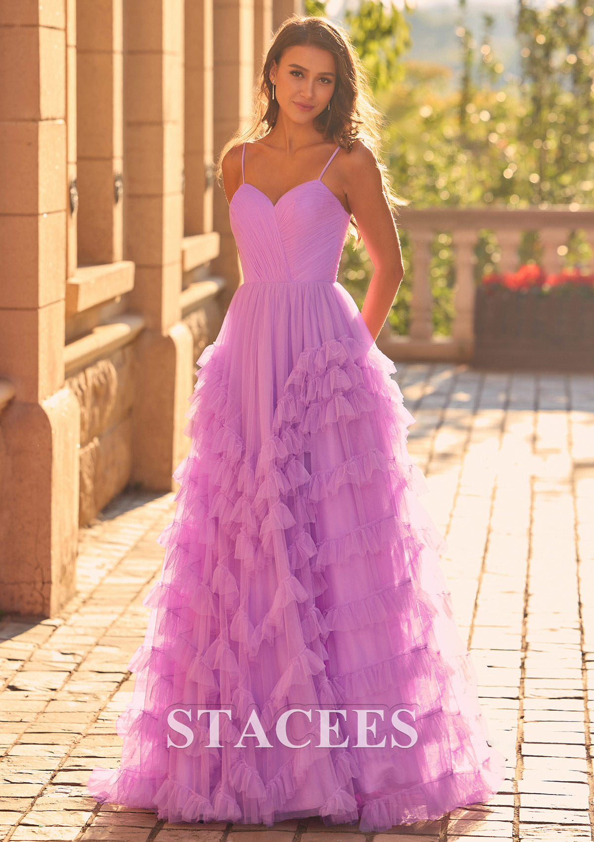 As Picture A-line Pleated V Nect Ruffled Tulle Sweep Train Prom Dress - STACEES