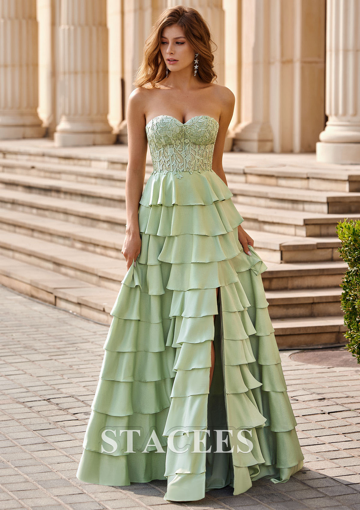 Dusty Sage A-line Stapless Stretch Satin Ruffle Corset Prom Dress with Leaf Lace Slit - STACEES