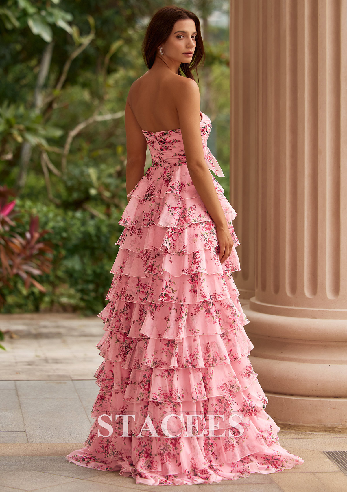 prom dresses boynton beach fl Stacees 2026 Pink Floral Print Ruched Strapless Dress with Tiered Ruffle color:Rose