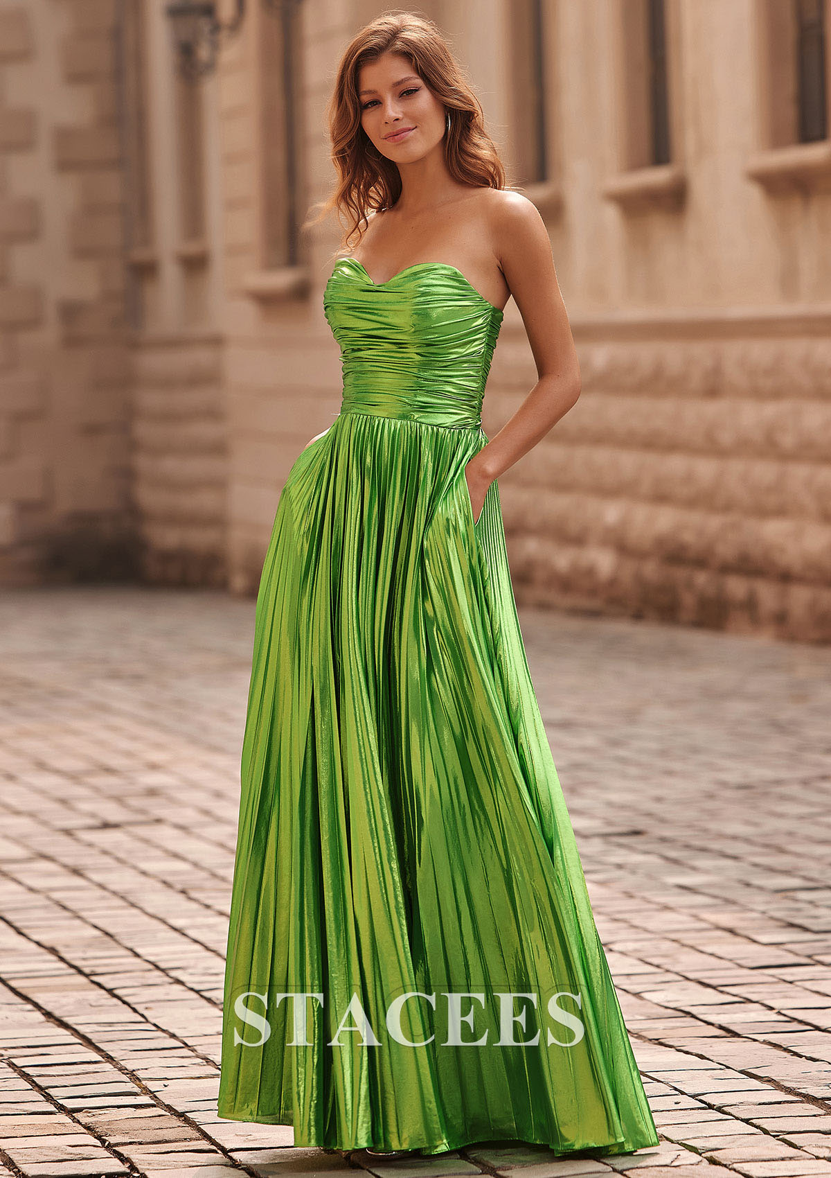 Lime Green A-line Sweetheart Metallic Floor-Length Prom Dress with Pleated Pockets Split - STACEES