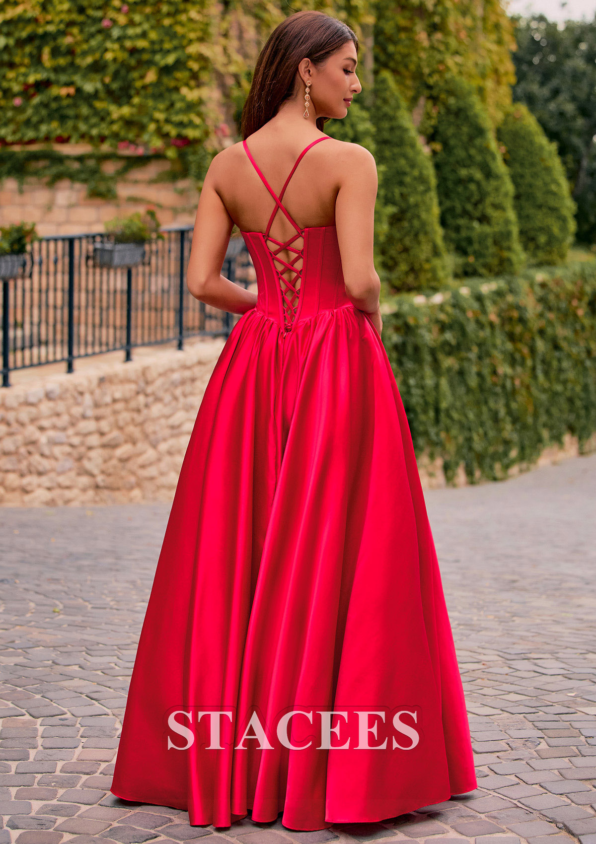 Red A-line Bow Corset Satin Floor-Length Ruched Prom Dress with Lace-Up Back - STACEES