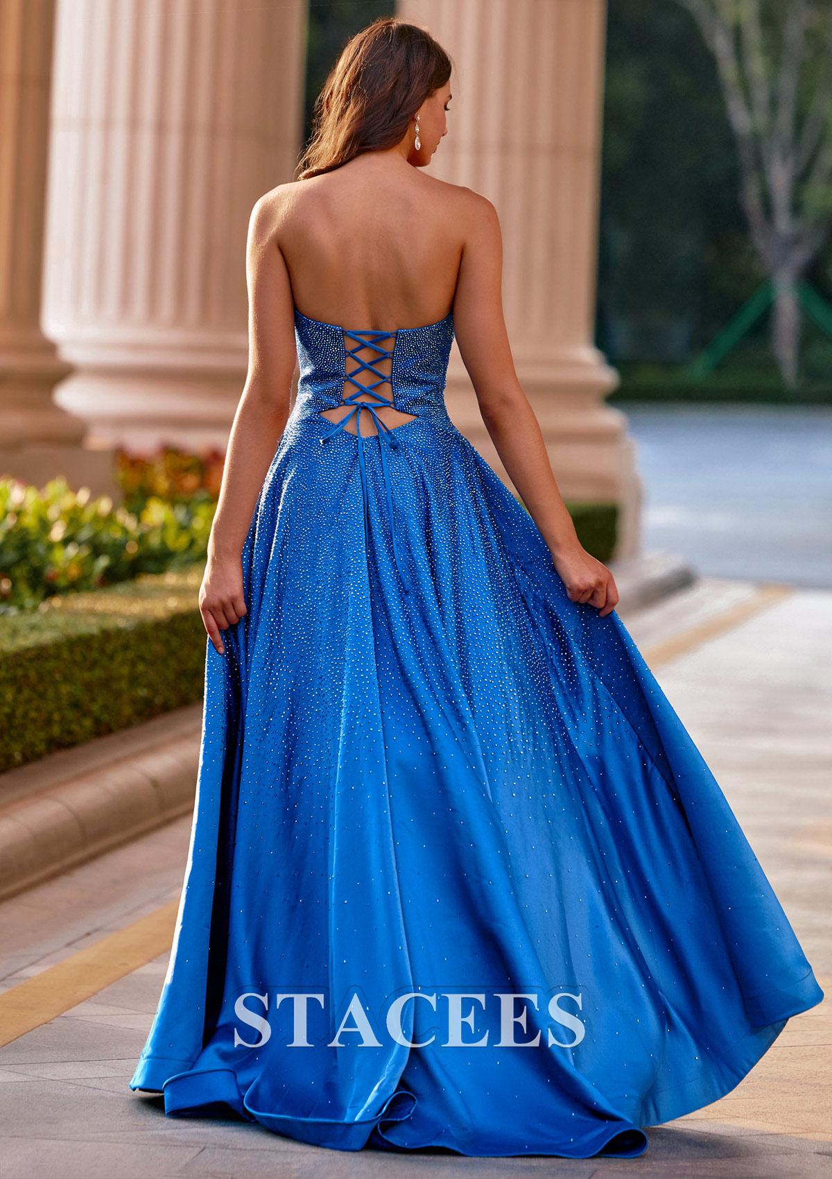 Ocean Blue A-line Strapless Cut-Out Ombre Hot Fix Prom Dress with Pockets - STACEES
