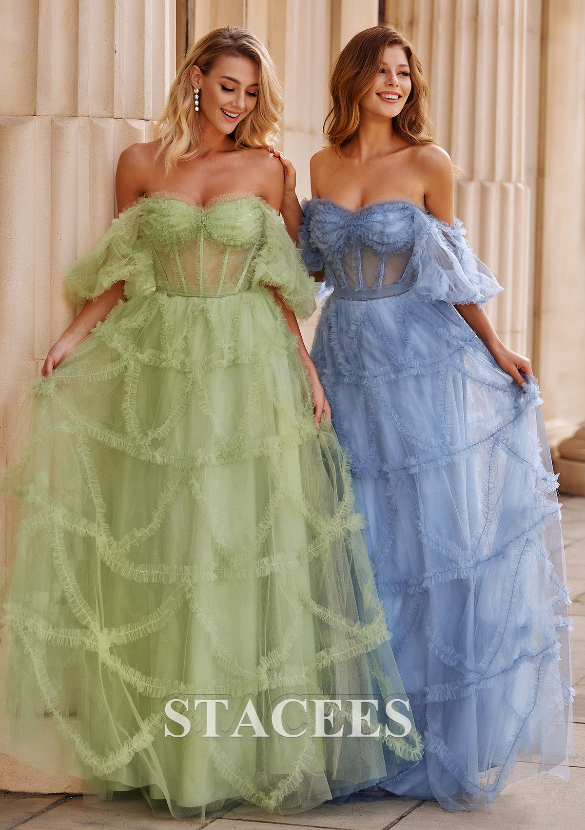 Sage A-line Puff-Sleeve Sheer Corset Ruffled Tulle Long Prom Dress - STACEES