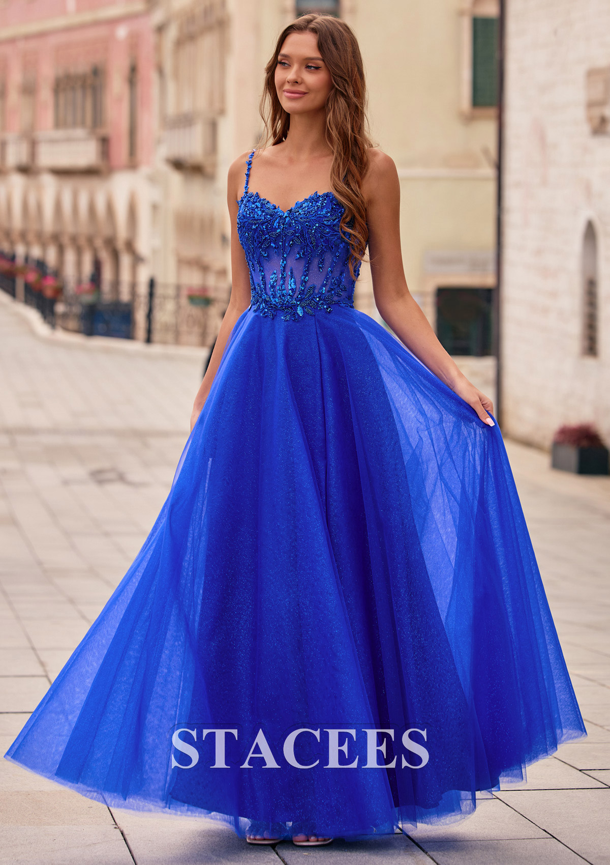 Royal Blue A-line Beading Sequins Illusion Corset Glitter Tulle Prom Dress with High Slit - STACEES