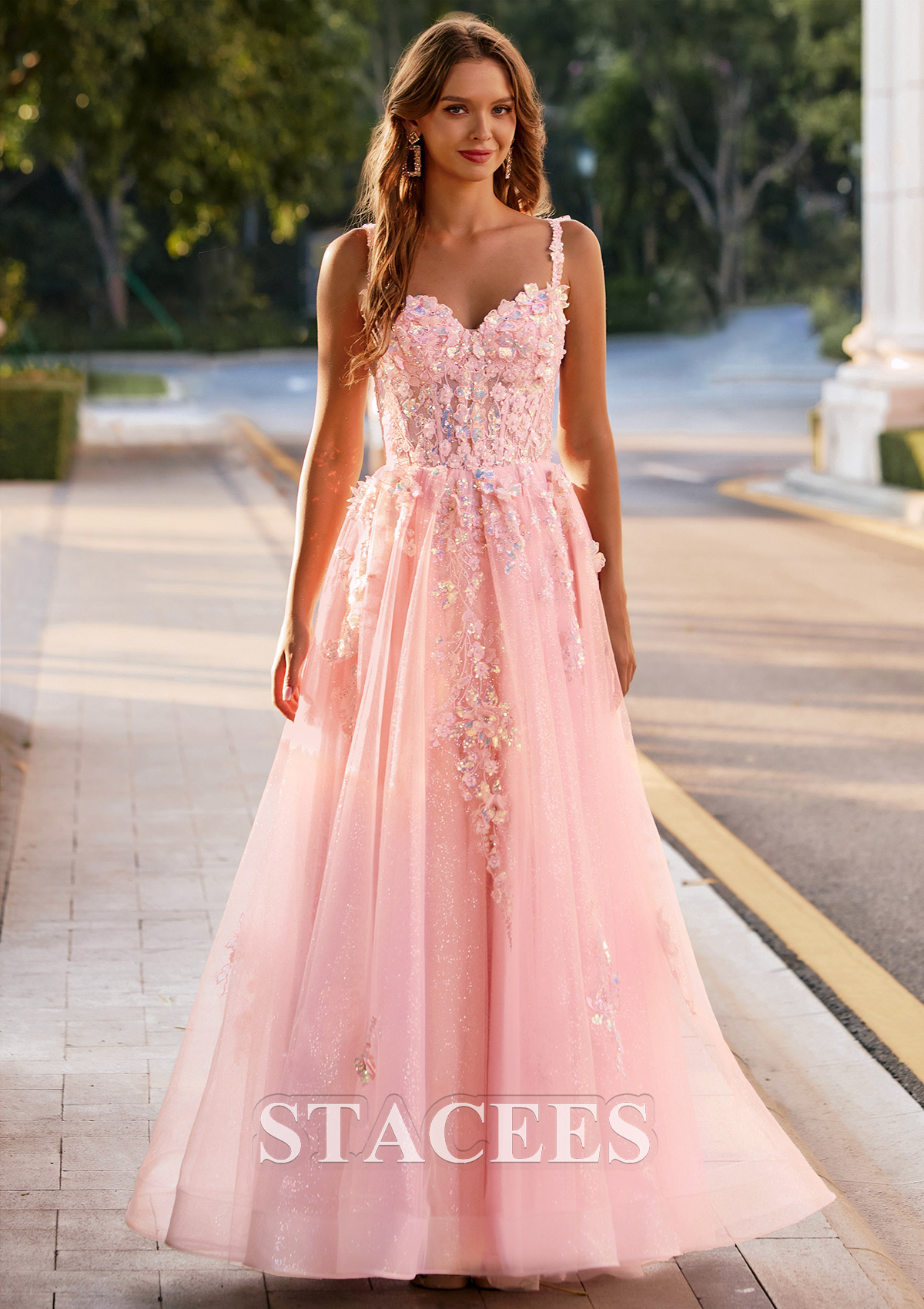 Rose Rougissant Trapèze cache coeur tulle longueur ras du sol robe de bal avec broderie fleurs - STACEES