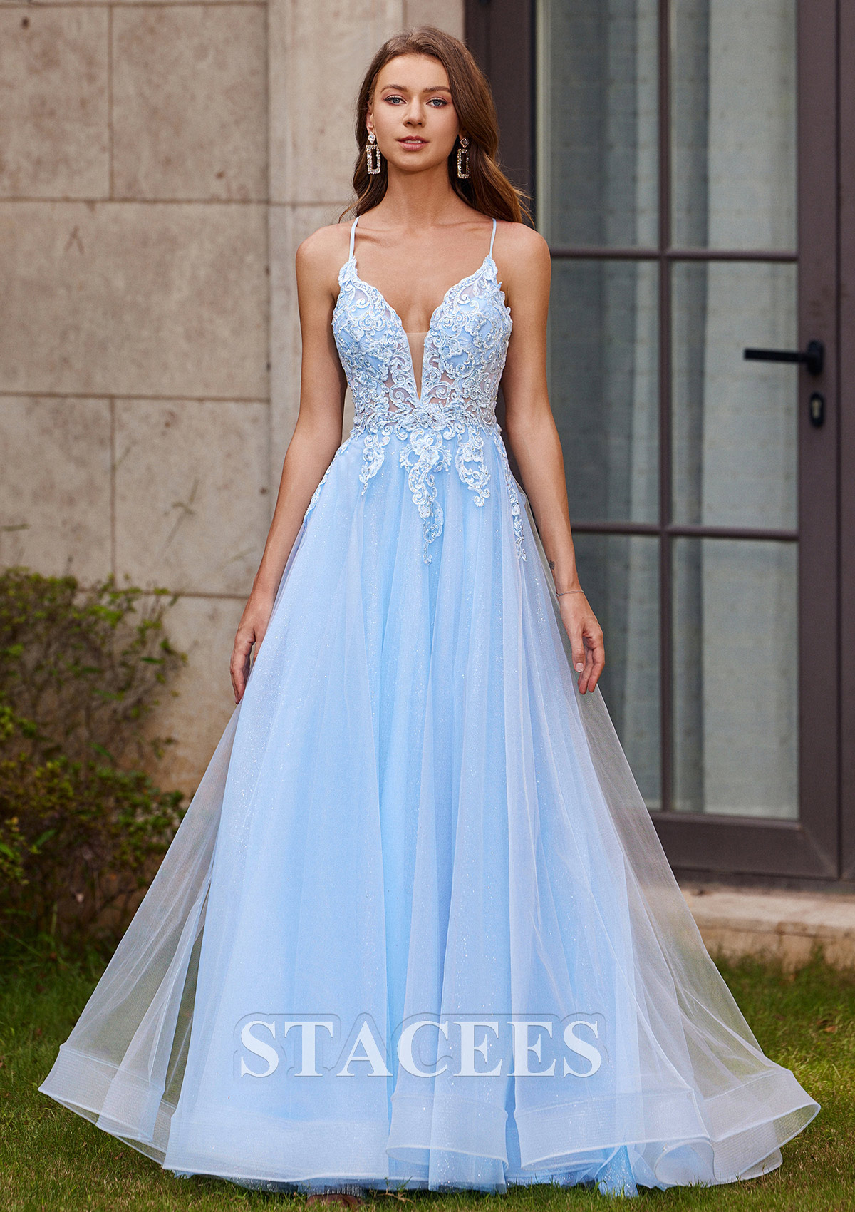 Sky Blue A-line V Neck Sleeveless Floor-Length Tulle Prom Dress with Appliqued Beading Glitter - STACEES