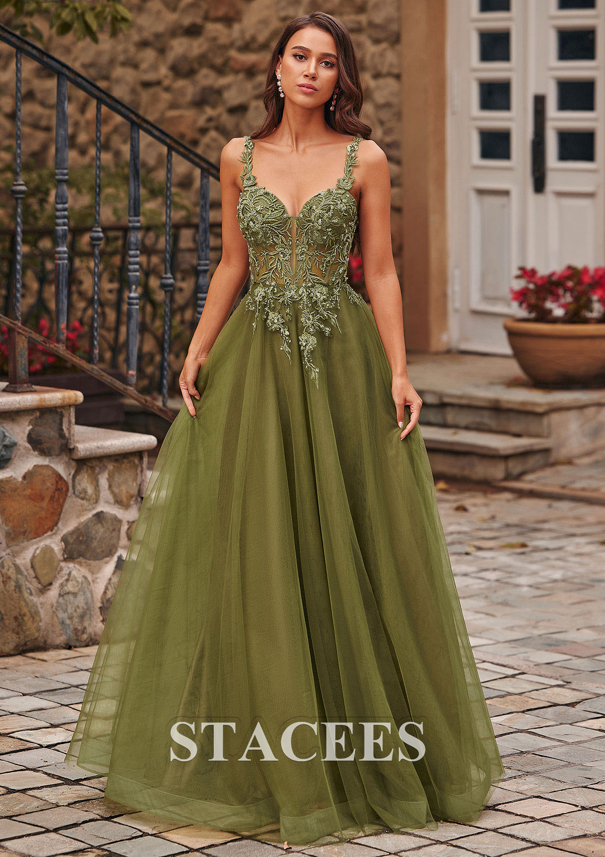 Celadon A-line V Neck Tulle Floor-Length Prom Dress with Appliqued Beading Sequins - STACEES