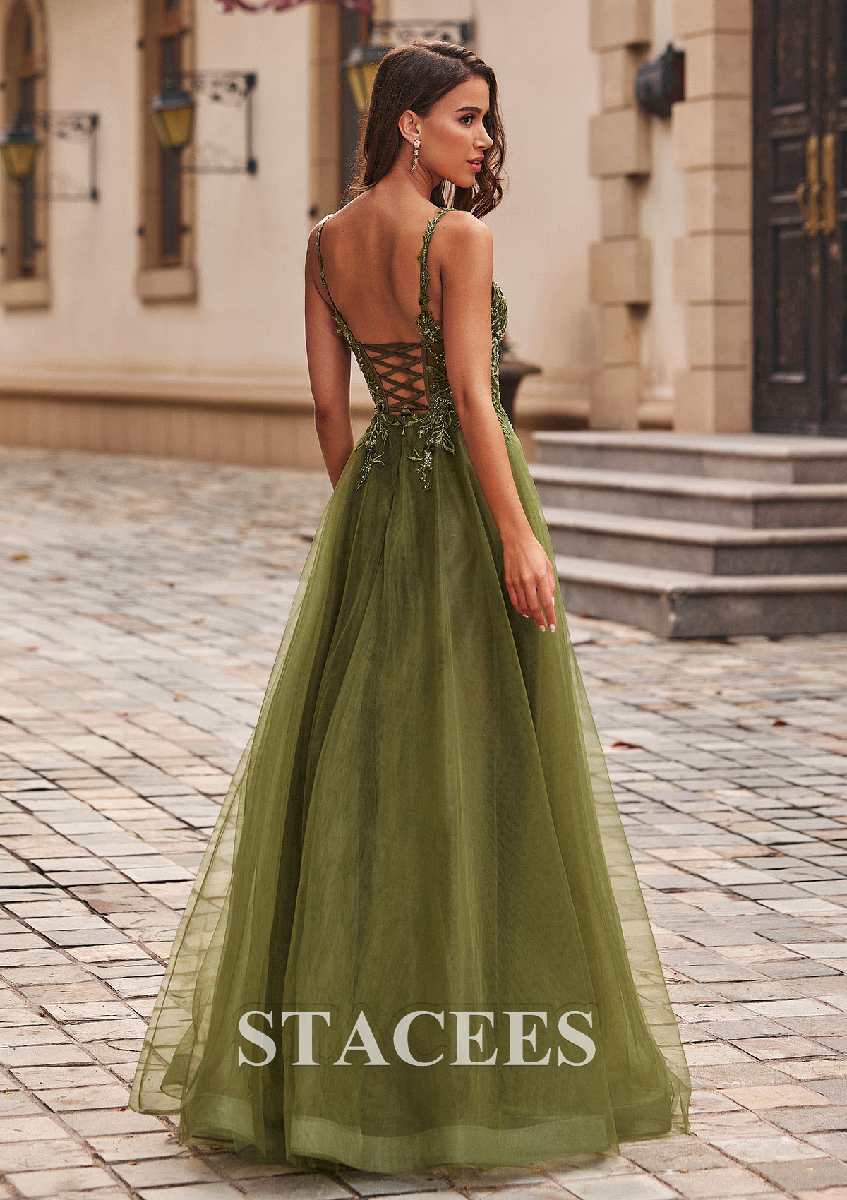 Celadon A-line V Neck Tulle Floor-Length Prom Dress with Appliqued Beading Sequins - STACEES