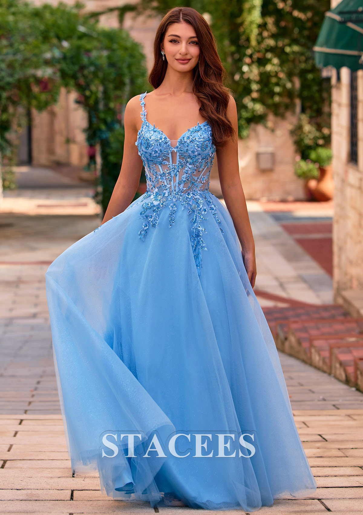 Bleu Océan Trapèze col en v tulle longueur ras du sol robe de bal avec appliqué perles - STACEES